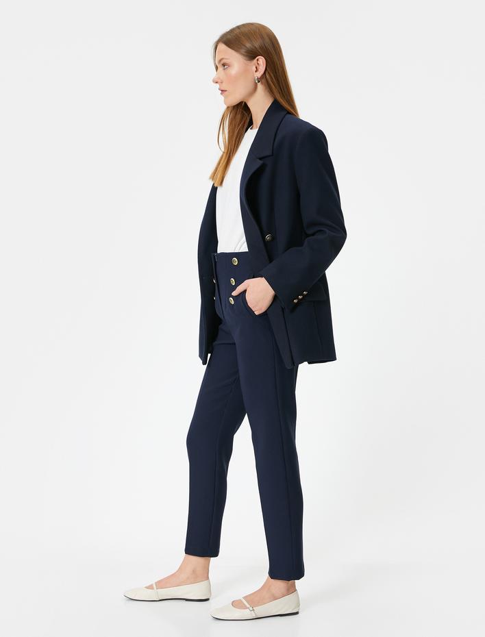  Kumaş Cigarette Pantolon Yüksek Bel Düğmeli Cepli