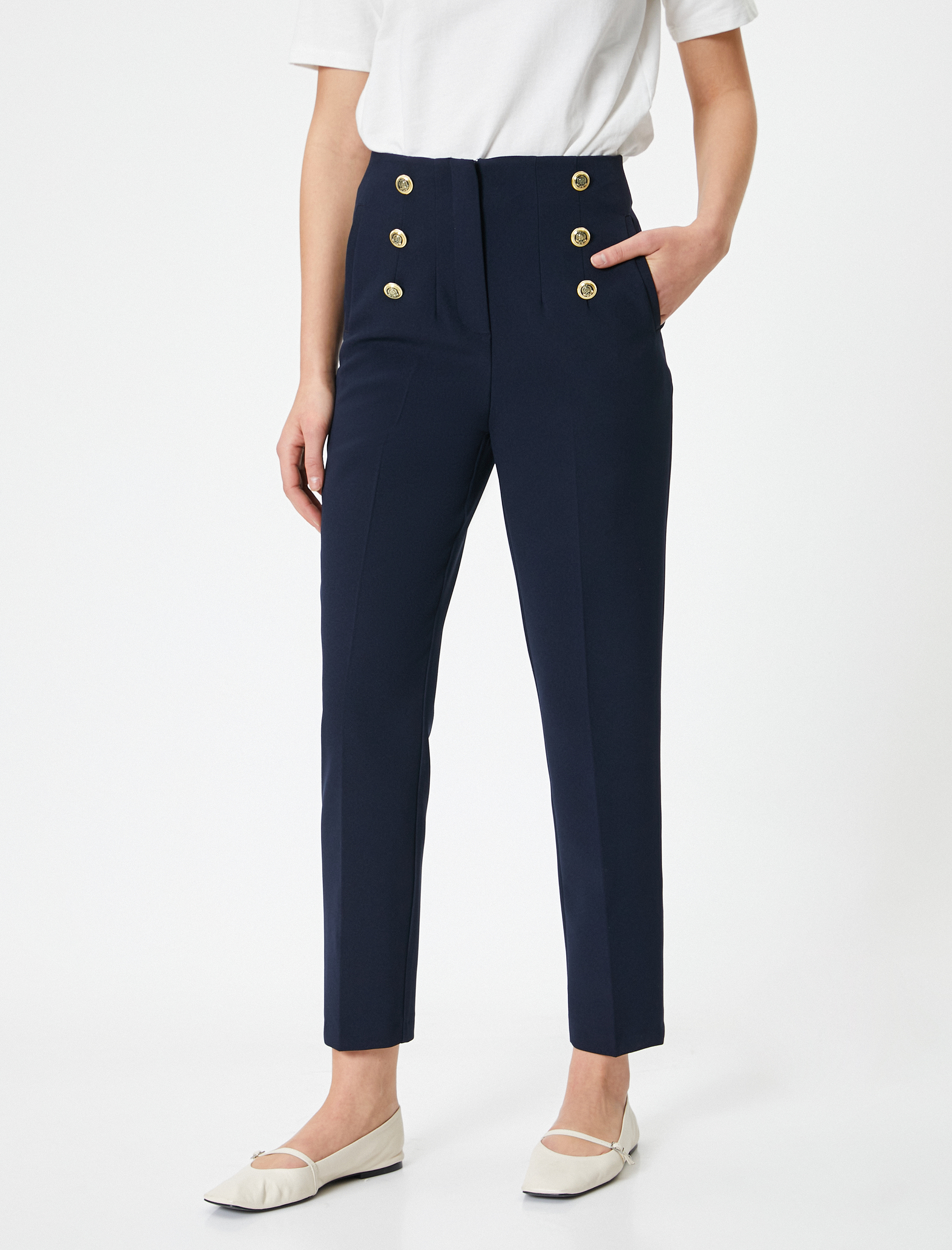   Kumaş Cigarette Pantolon Yüksek Bel Düğmeli Cepli