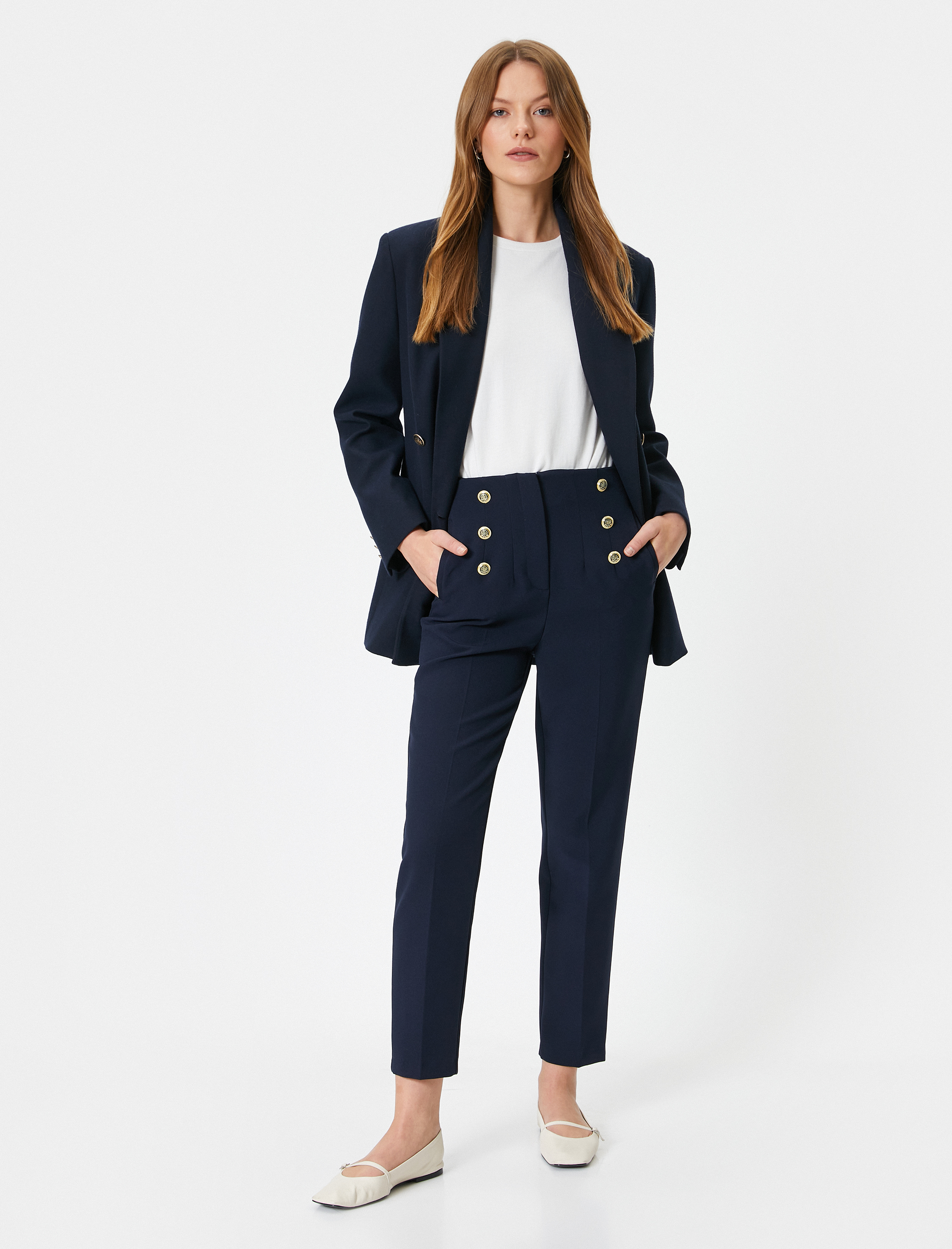   Kumaş Cigarette Pantolon Yüksek Bel Düğmeli Cepli