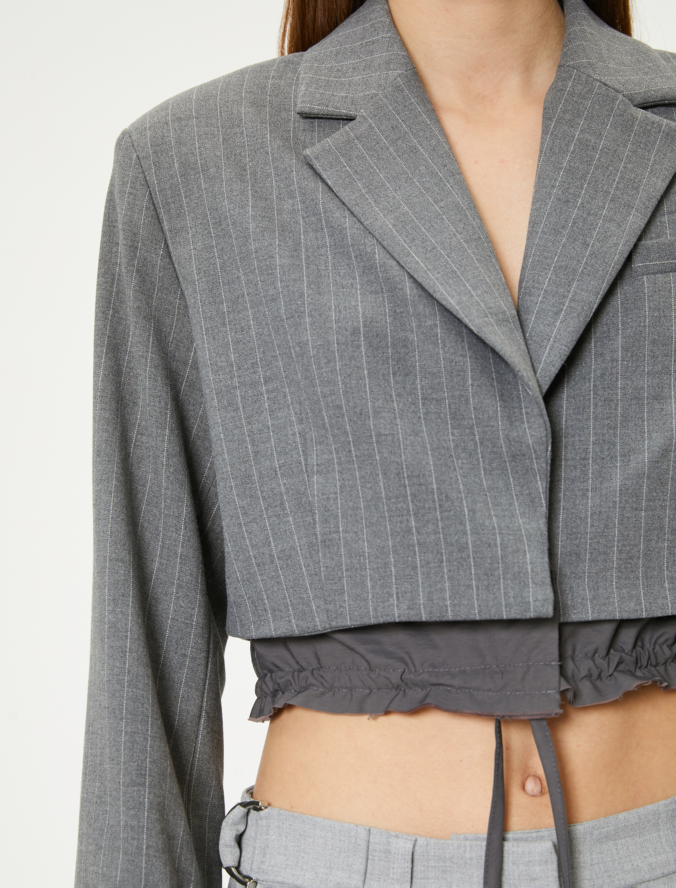 Crop Blazer Ceket Bel Detaylı Bağlamalı Kruvaze