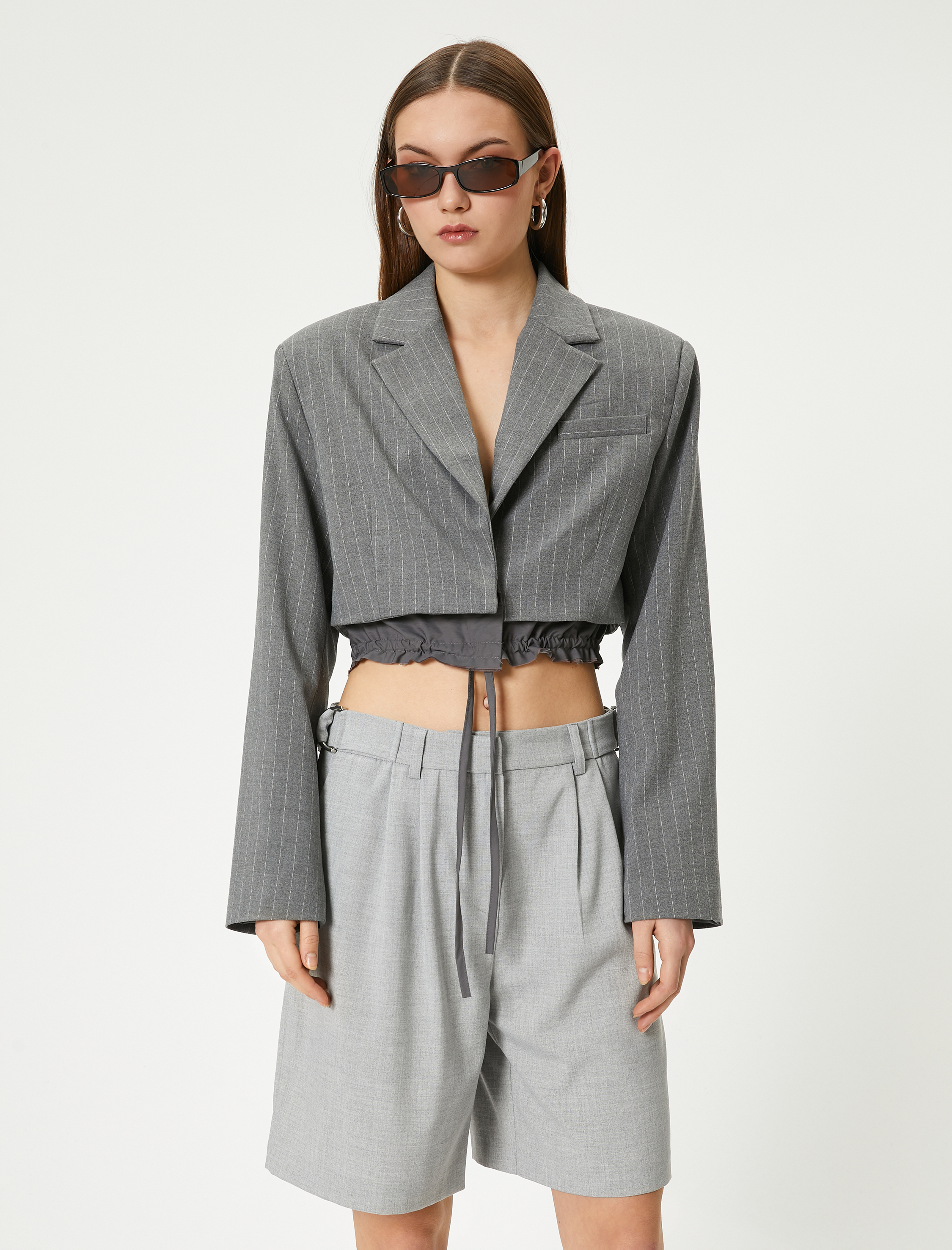 Crop Blazer Ceket Bel Detaylı Bağlamalı Kruvaze