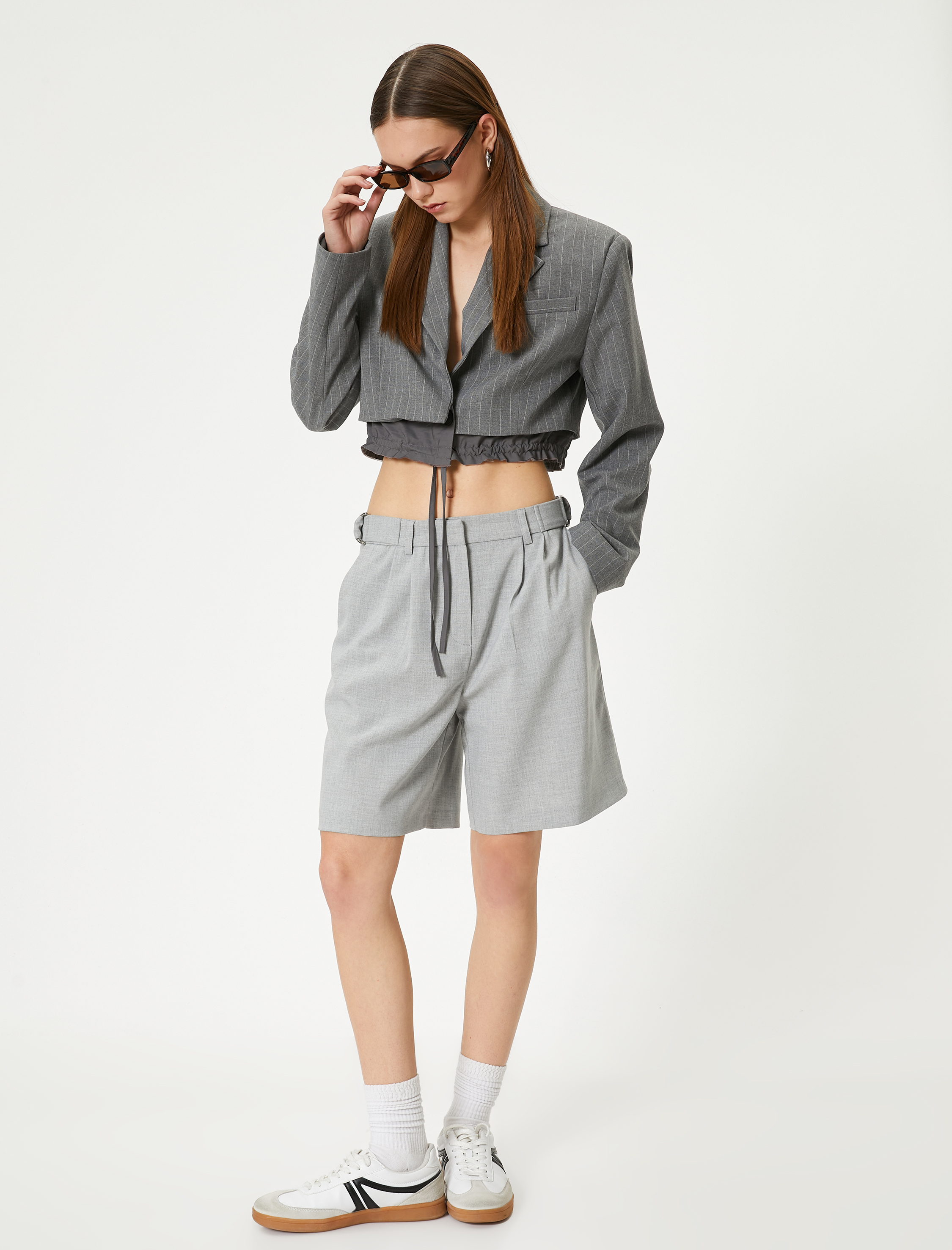 Crop Blazer Ceket Bel Detaylı Bağlamalı Kruvaze