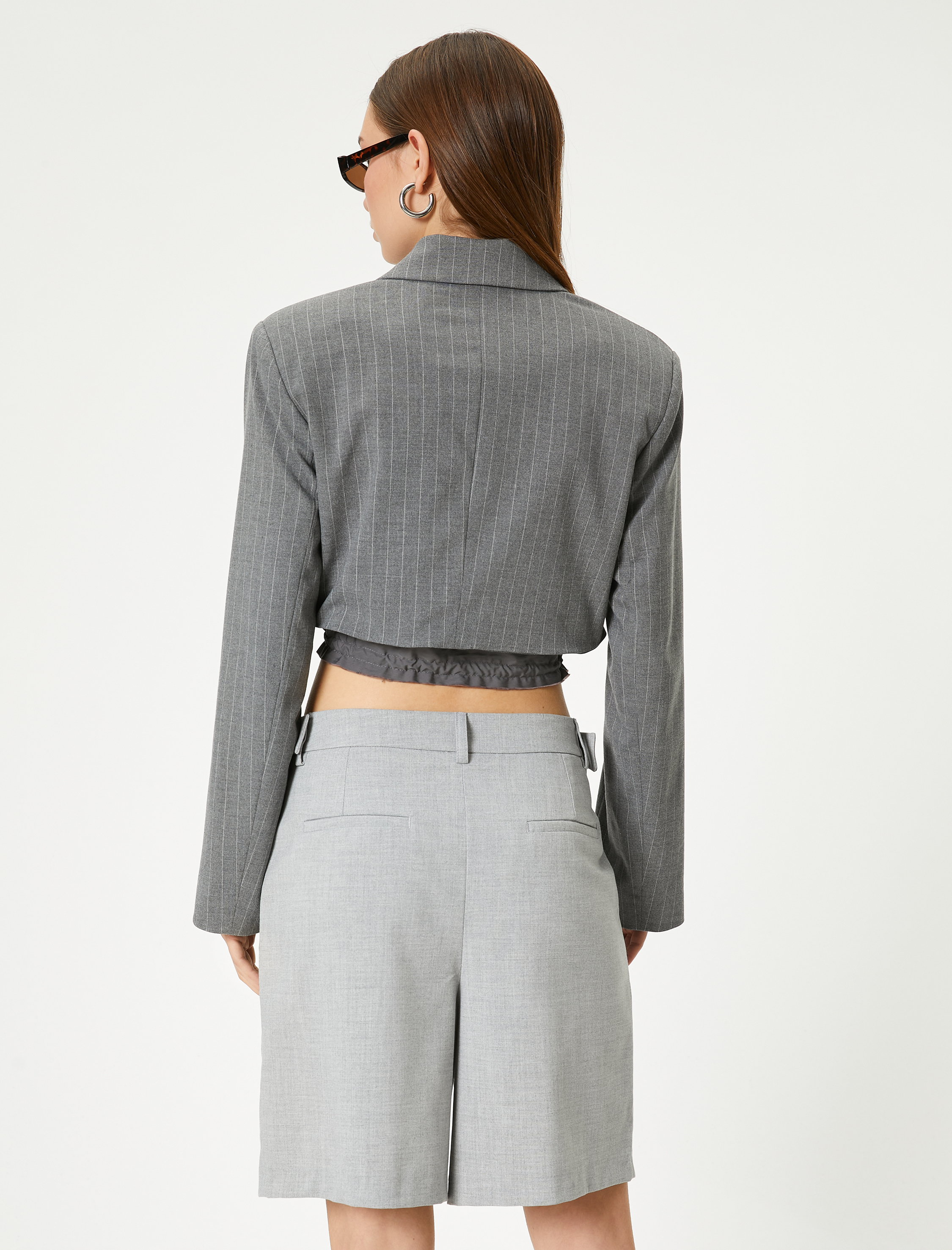 Crop Blazer Ceket Bel Detaylı Bağlamalı Kruvaze