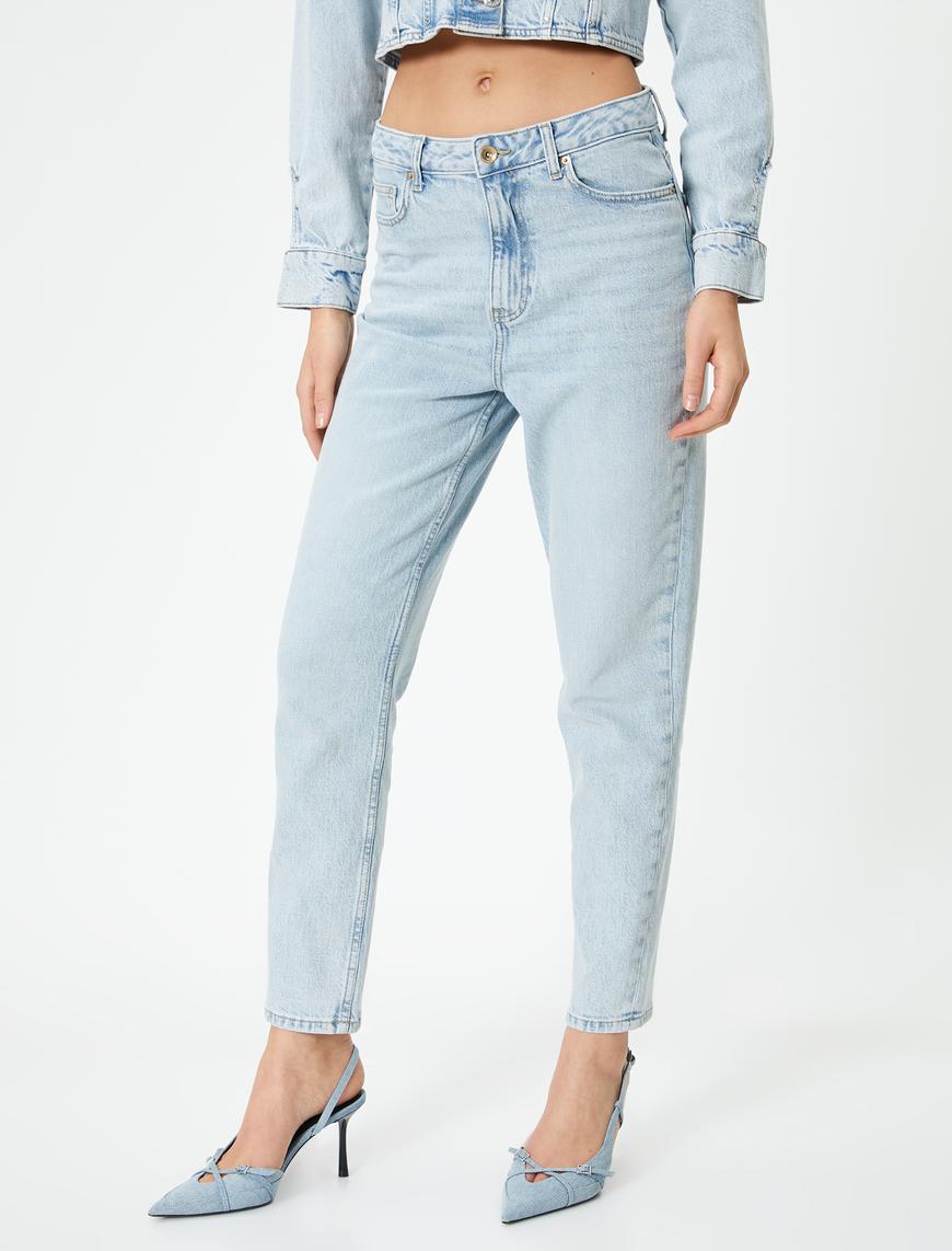   Yüksek Bel Kot Pantolon Kısa Paça Cepli - Mom Jeans
