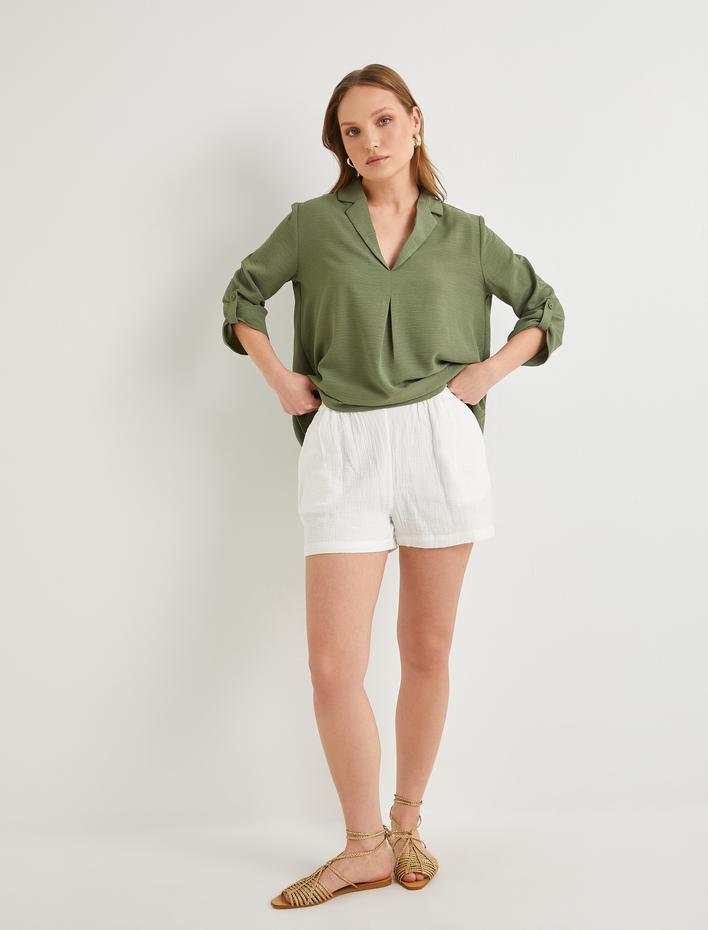  V Yaka Bluz Yarım Kollu Dokulu Standart Kesim