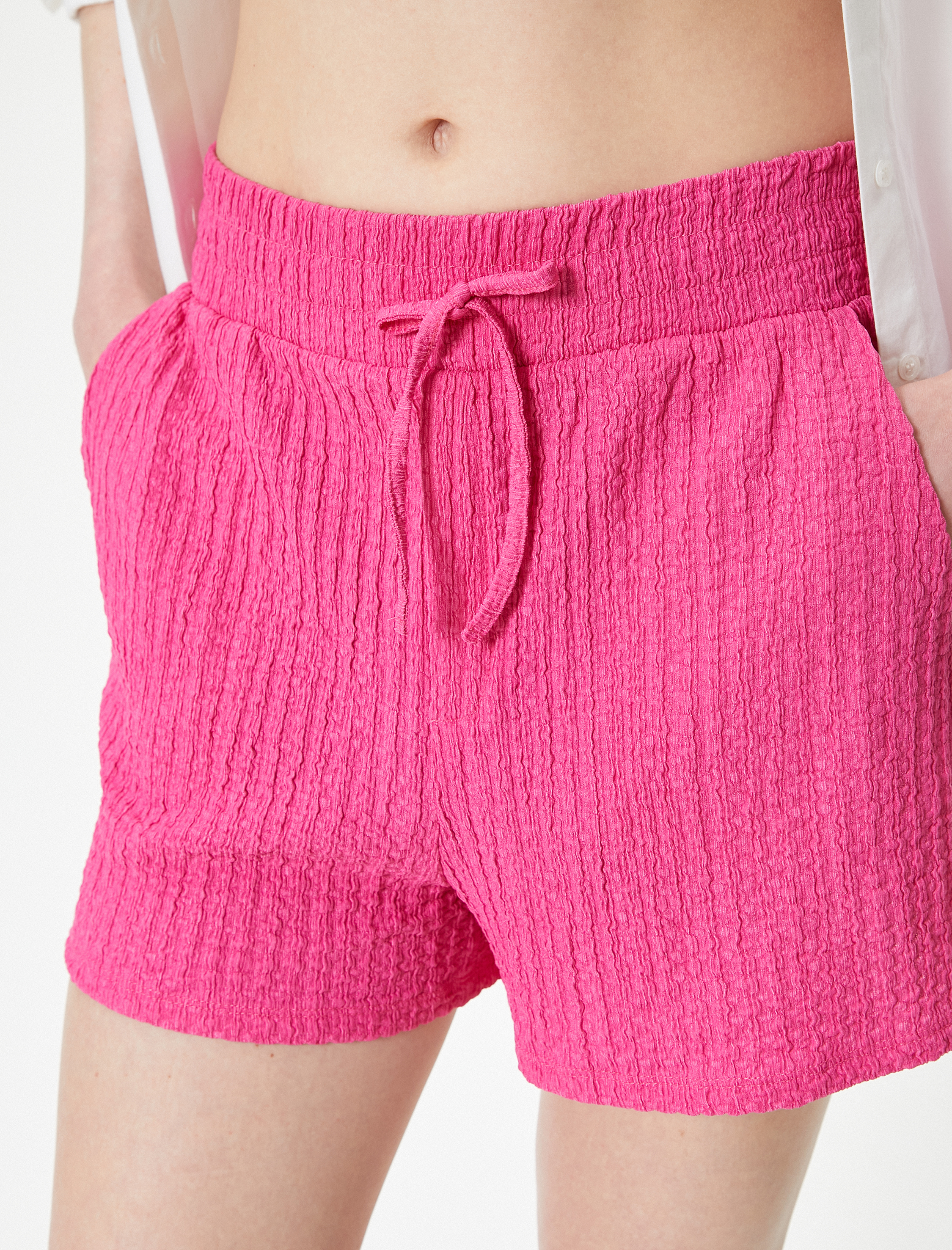   Mini Şort Beli Bağcıklı Cepli Dokulu