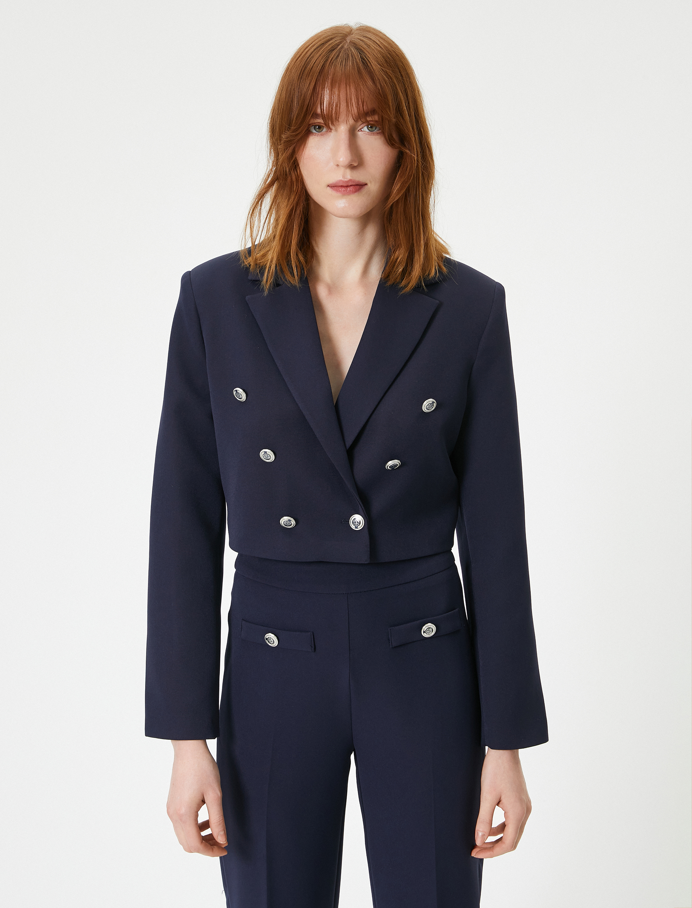   Kısa Blazer Ceket Kruvaze Düğmeli