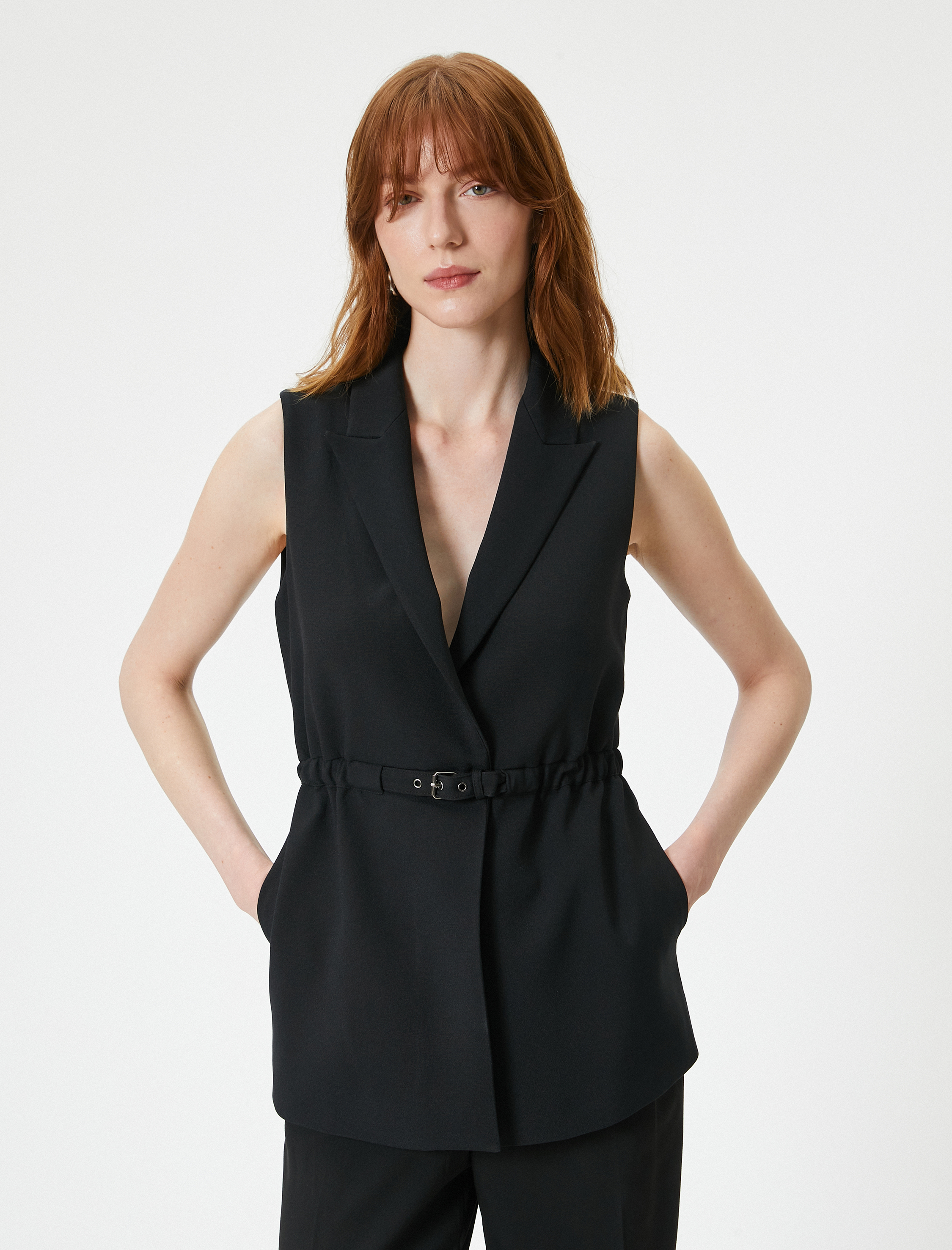   Klasik Yelek V Şal Yaka Kemer Detaylı Cepli