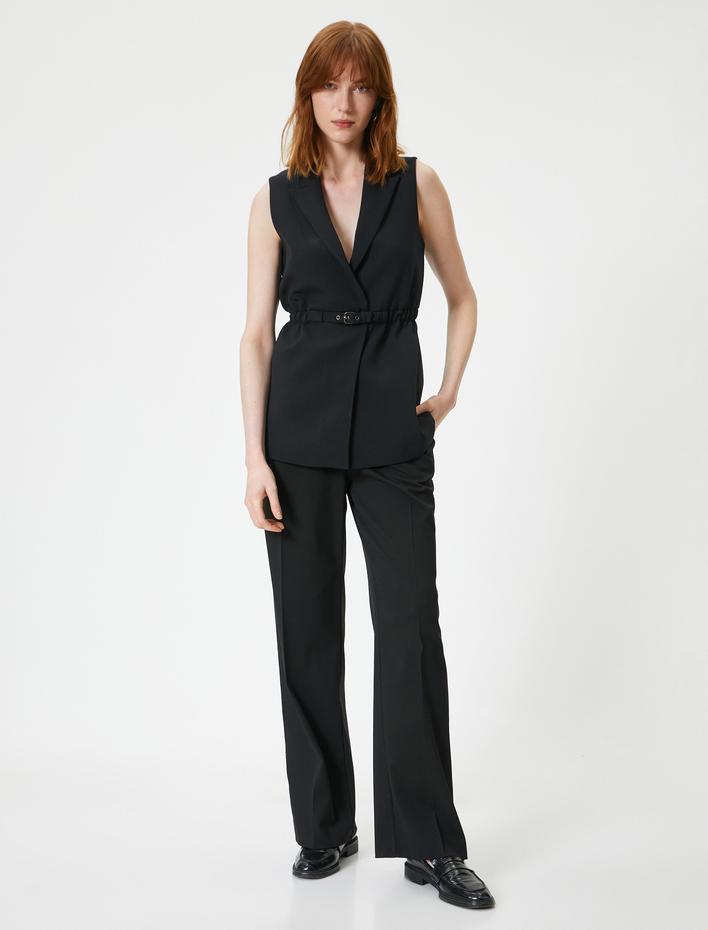  Klasik Yelek V Şal Yaka Kemer Detaylı Cepli