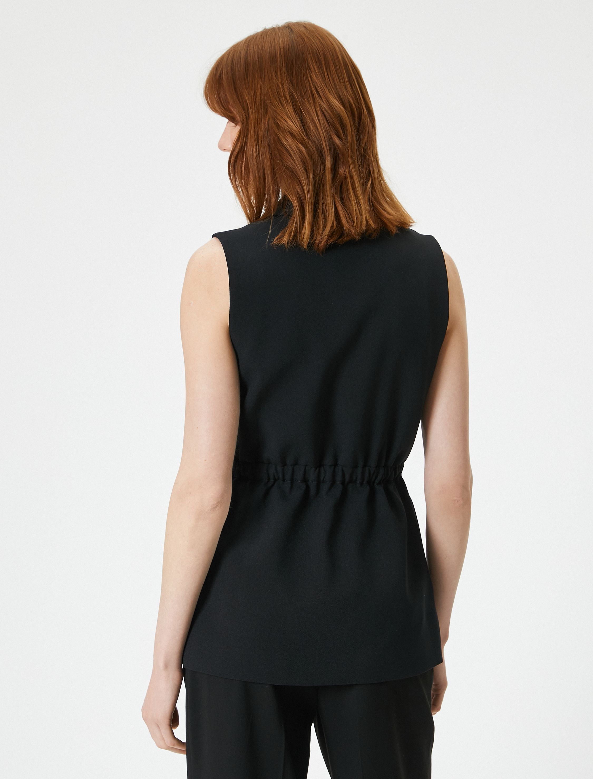   Klasik Yelek V Şal Yaka Kemer Detaylı Cepli