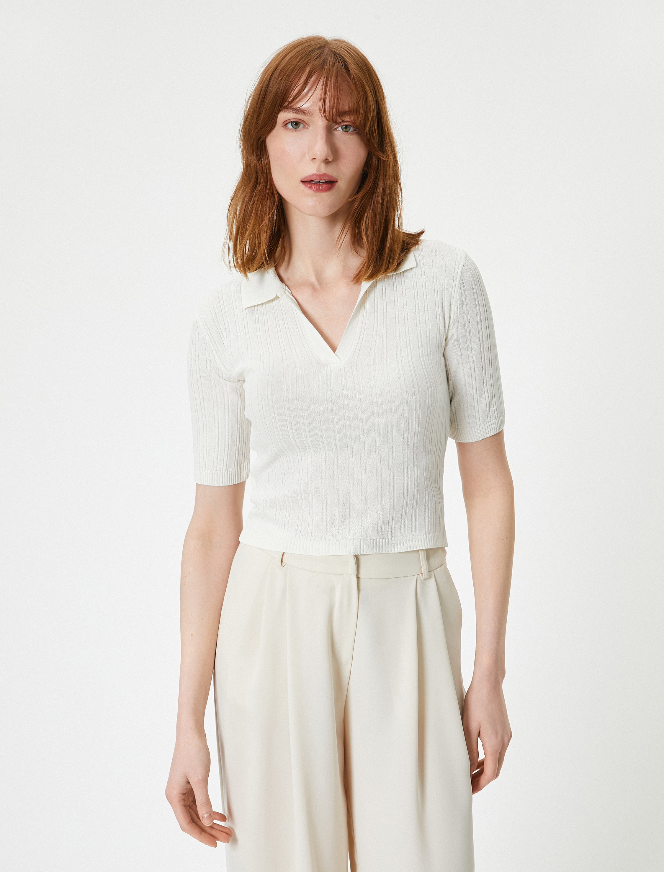   Polo Yaka Kazak Triko Crop Kısa Kollu