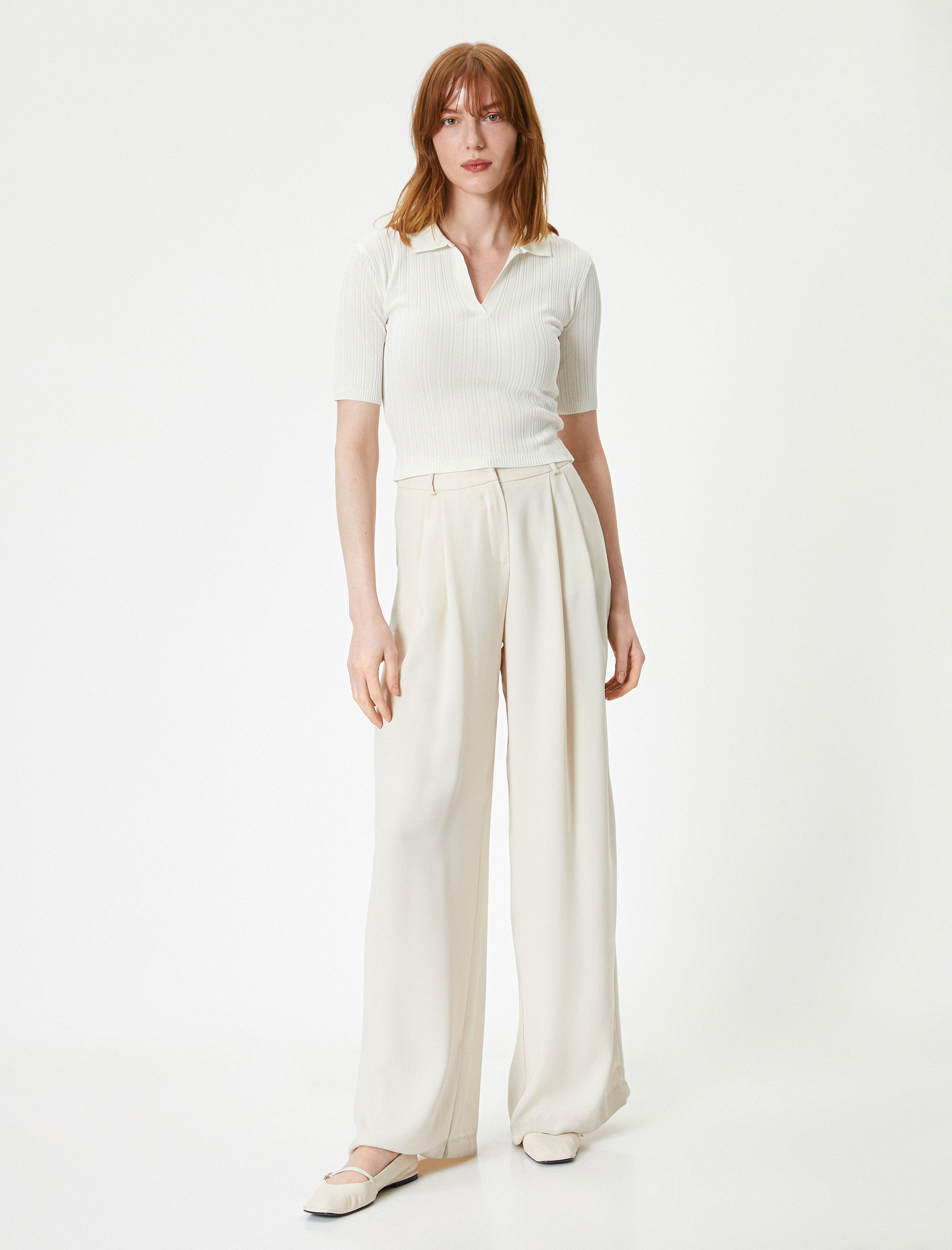   Polo Yaka Kazak Triko Crop Kısa Kollu