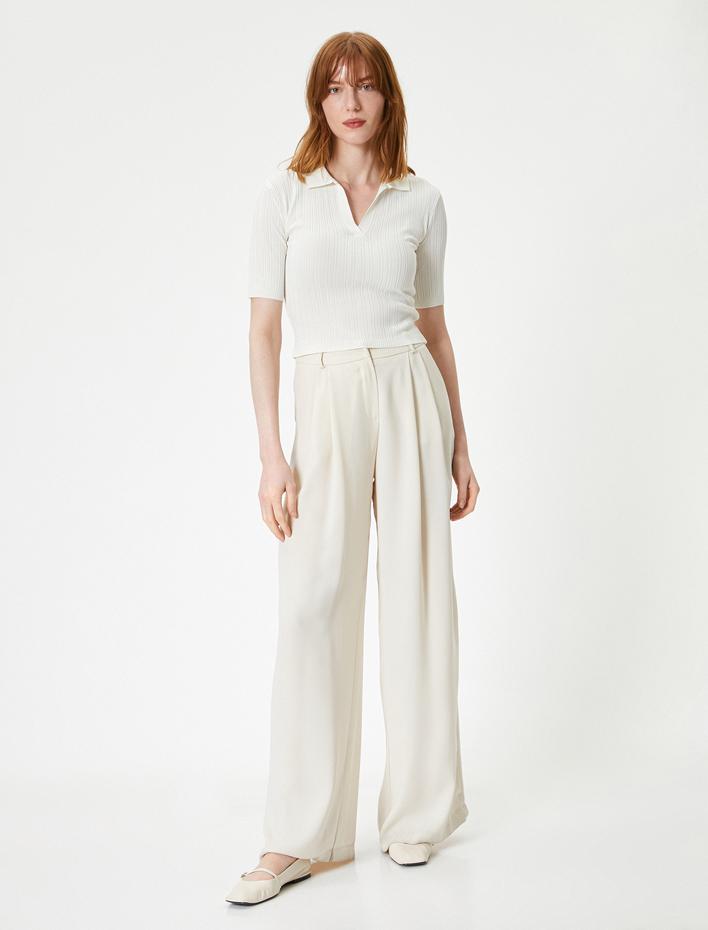  Polo Yaka Kazak Triko Crop Kısa Kollu