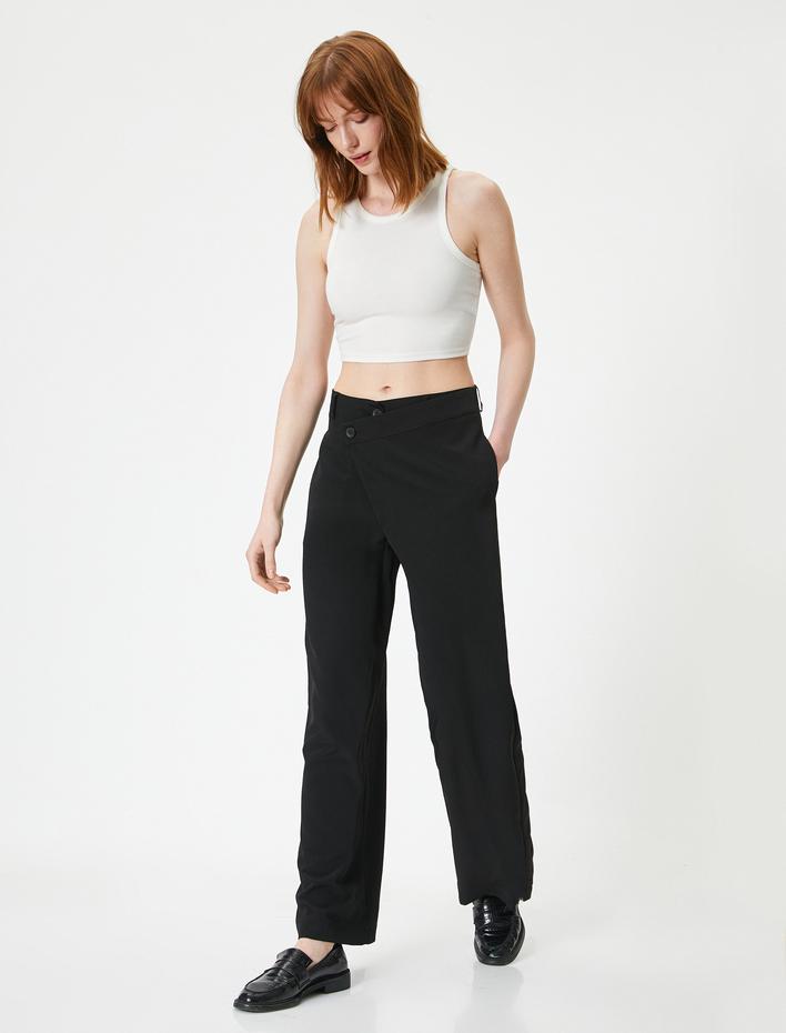  Kumaş Palazzo Pantolon Kapaklı Asimetrik Düğmeli Cepli