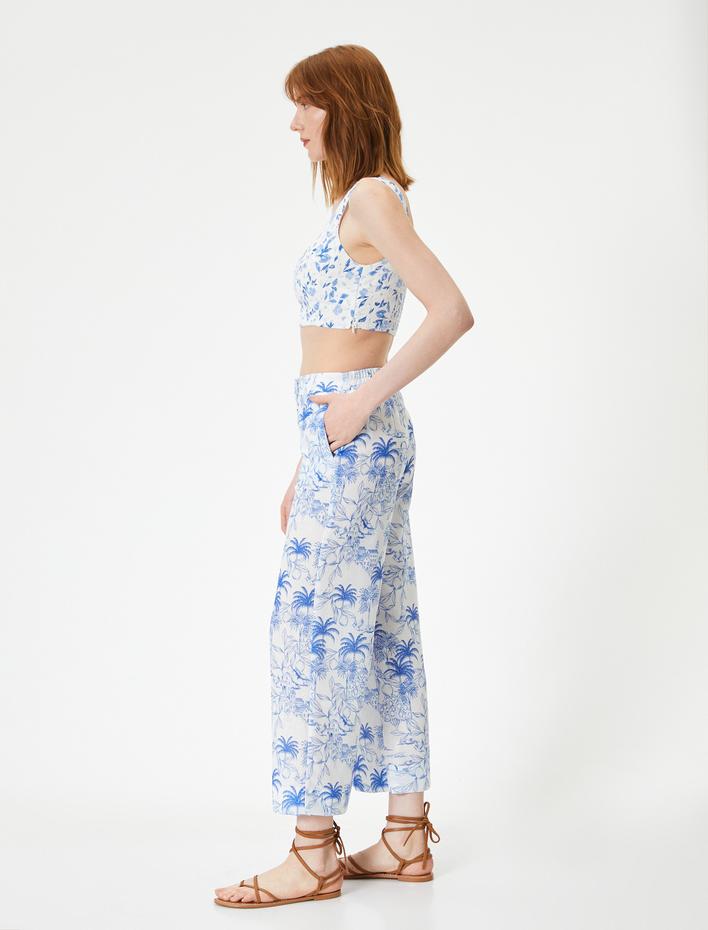  Çiçekli Culotte Pantolon Bol Paça Cepli Normal Bel