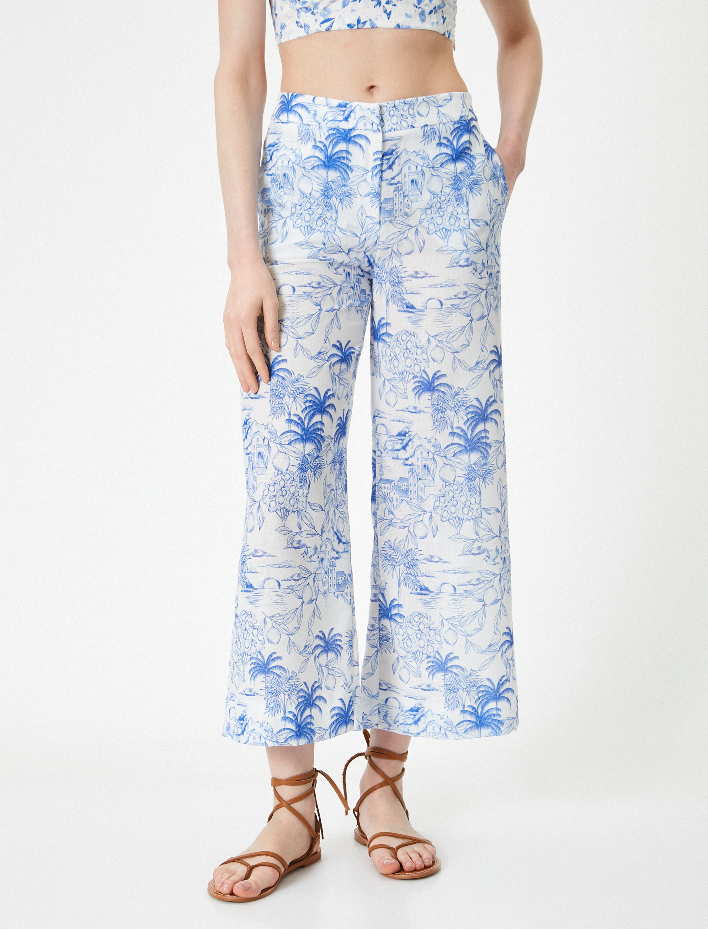   Çiçekli Culotte Pantolon Bol Paça Cepli Normal Bel