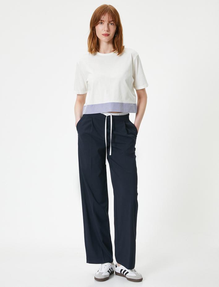  Kısa Kollu Tişört Bel Detaylı Bisiklet Yaka