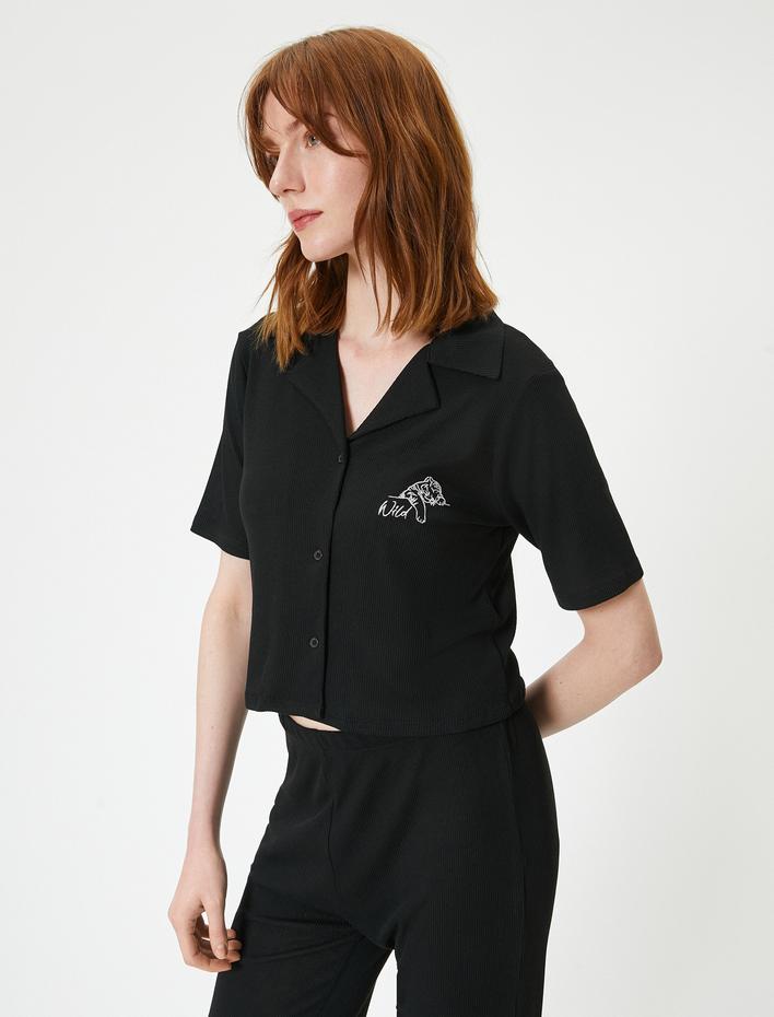  Düğmeli Pijama Takımı Kısa Kollu Nakışlı