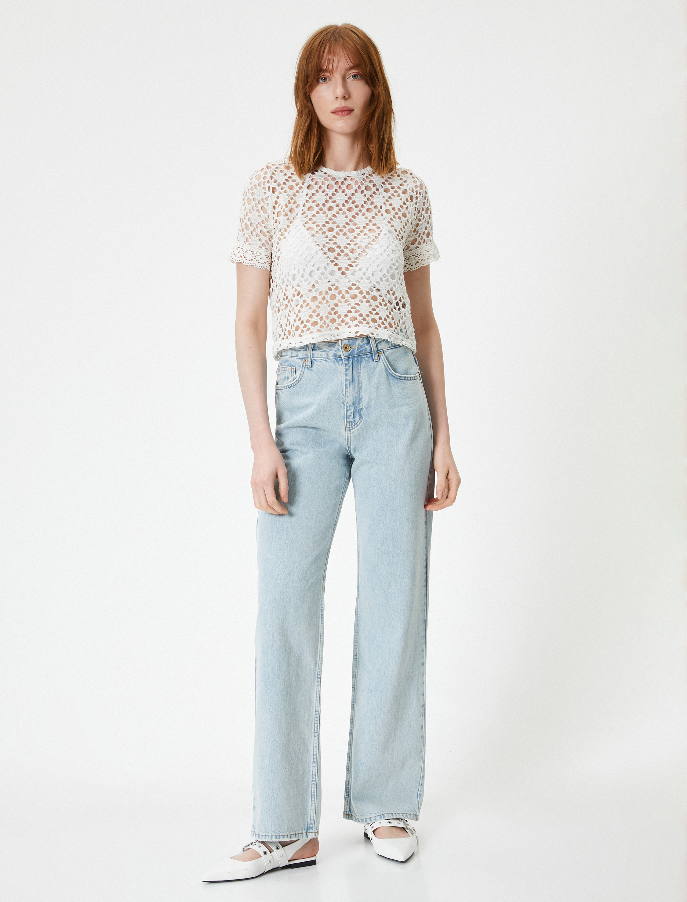   Kroşe Ajurlu Tişört Crop Bisiklet Yaka Kısa Kollu