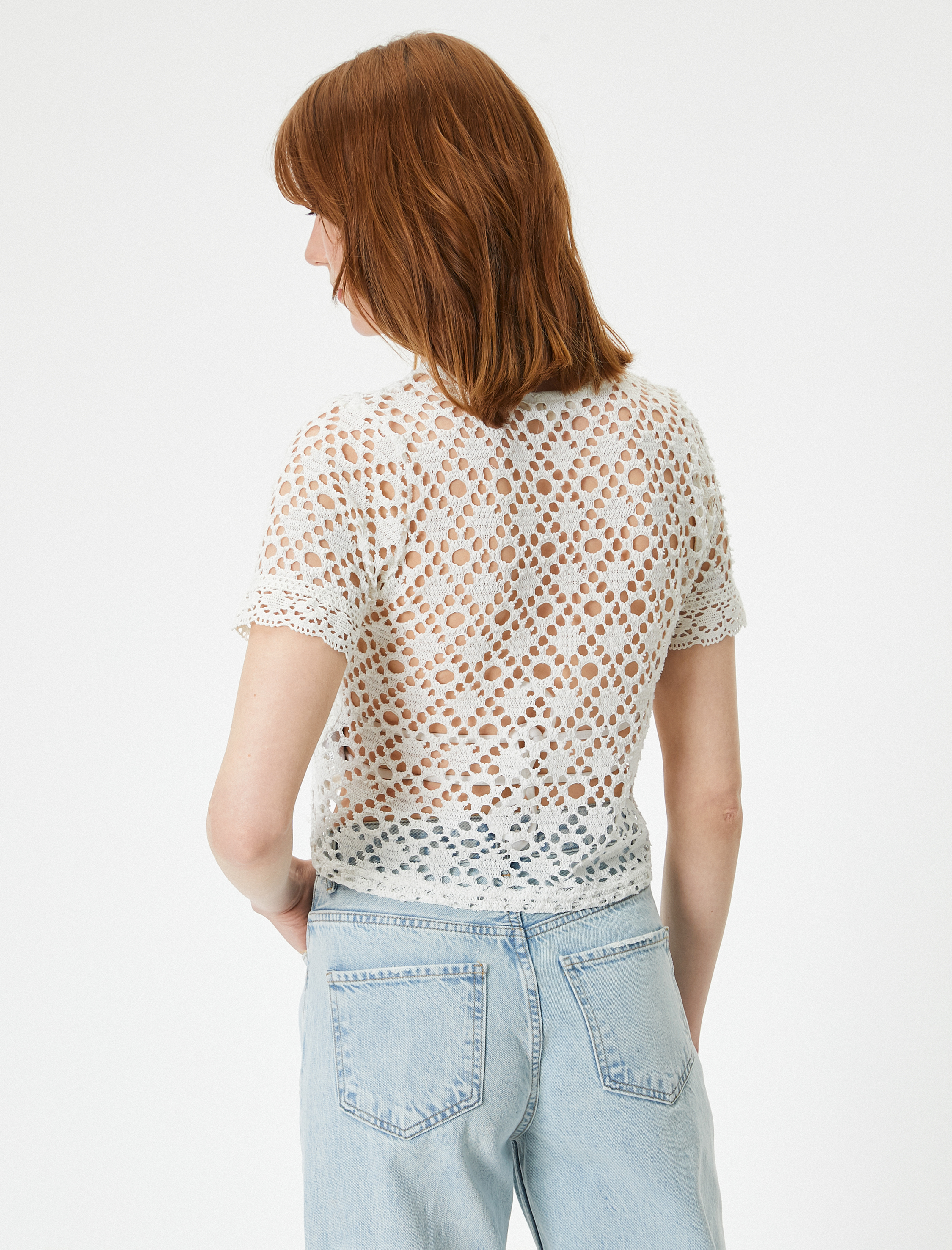   Kroşe Ajurlu Tişört Crop Bisiklet Yaka Kısa Kollu