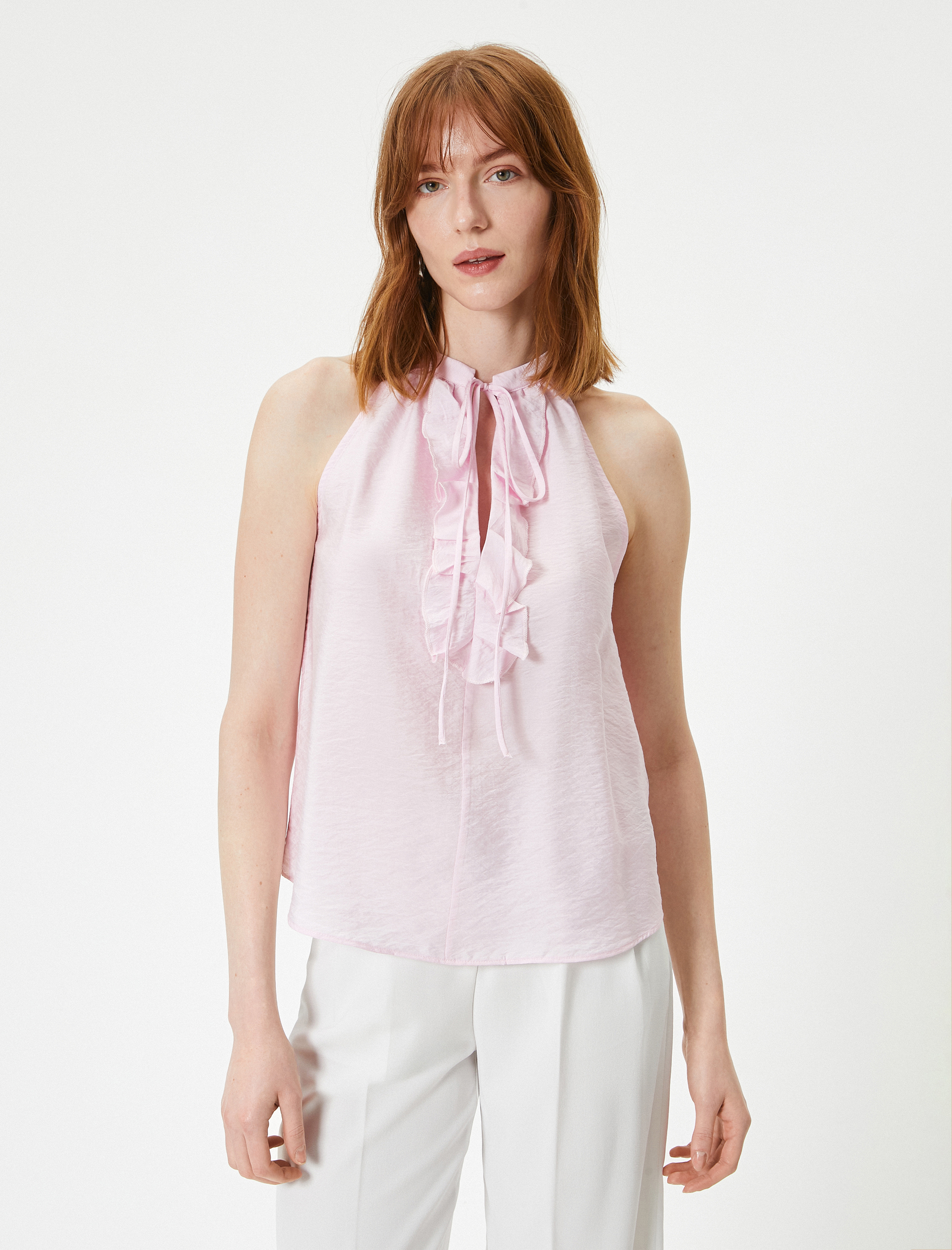   Halter Yaka Bluz Fırfırlı Pencere Detaylı Modal Karışımlı