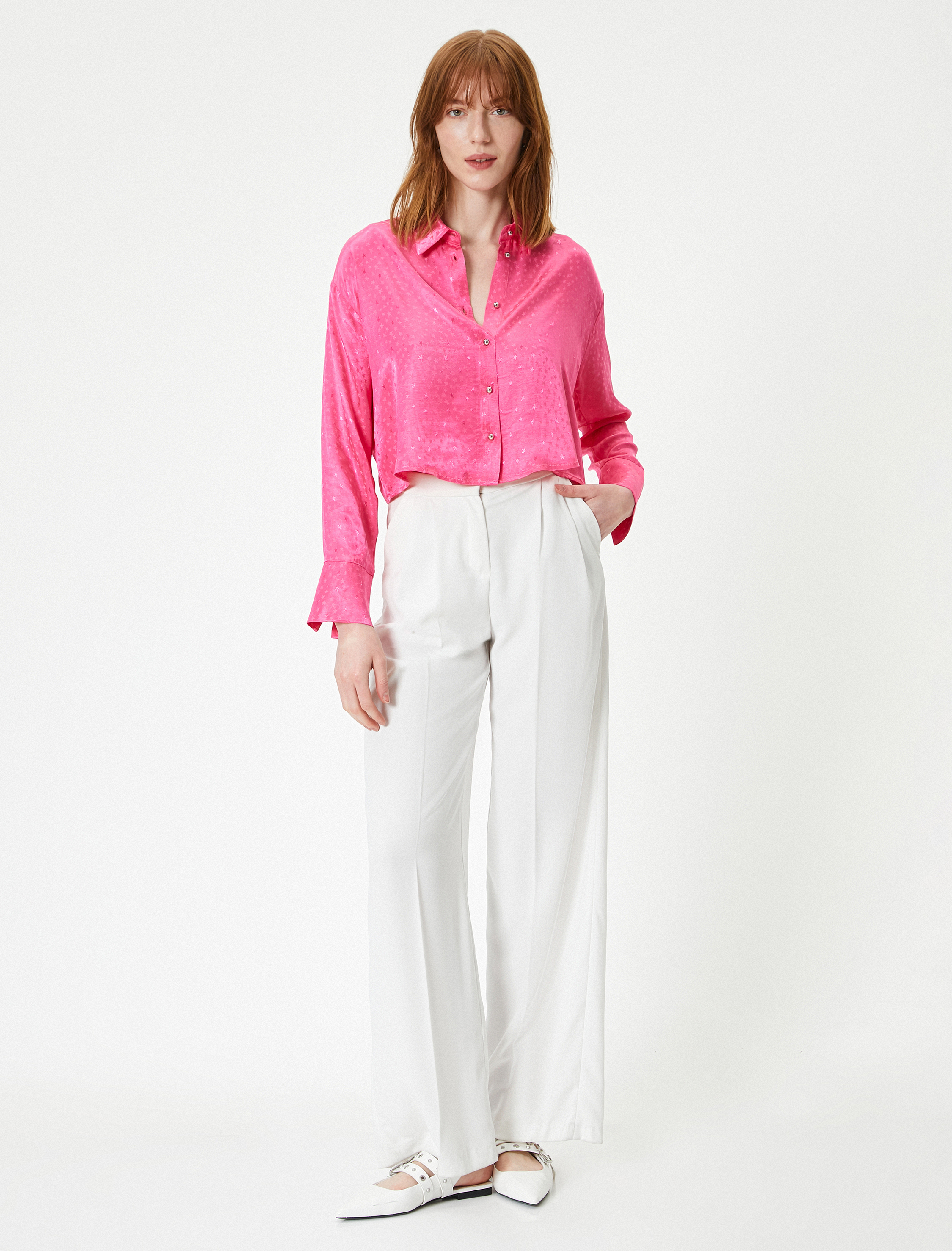   Crop Saten Gömlek Uzun Kollu Yıldızlı Düğmeli