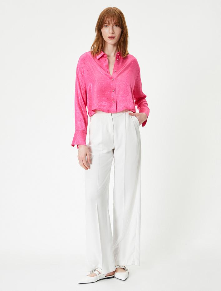  Crop Saten Gömlek Uzun Kollu Yıldızlı Düğmeli