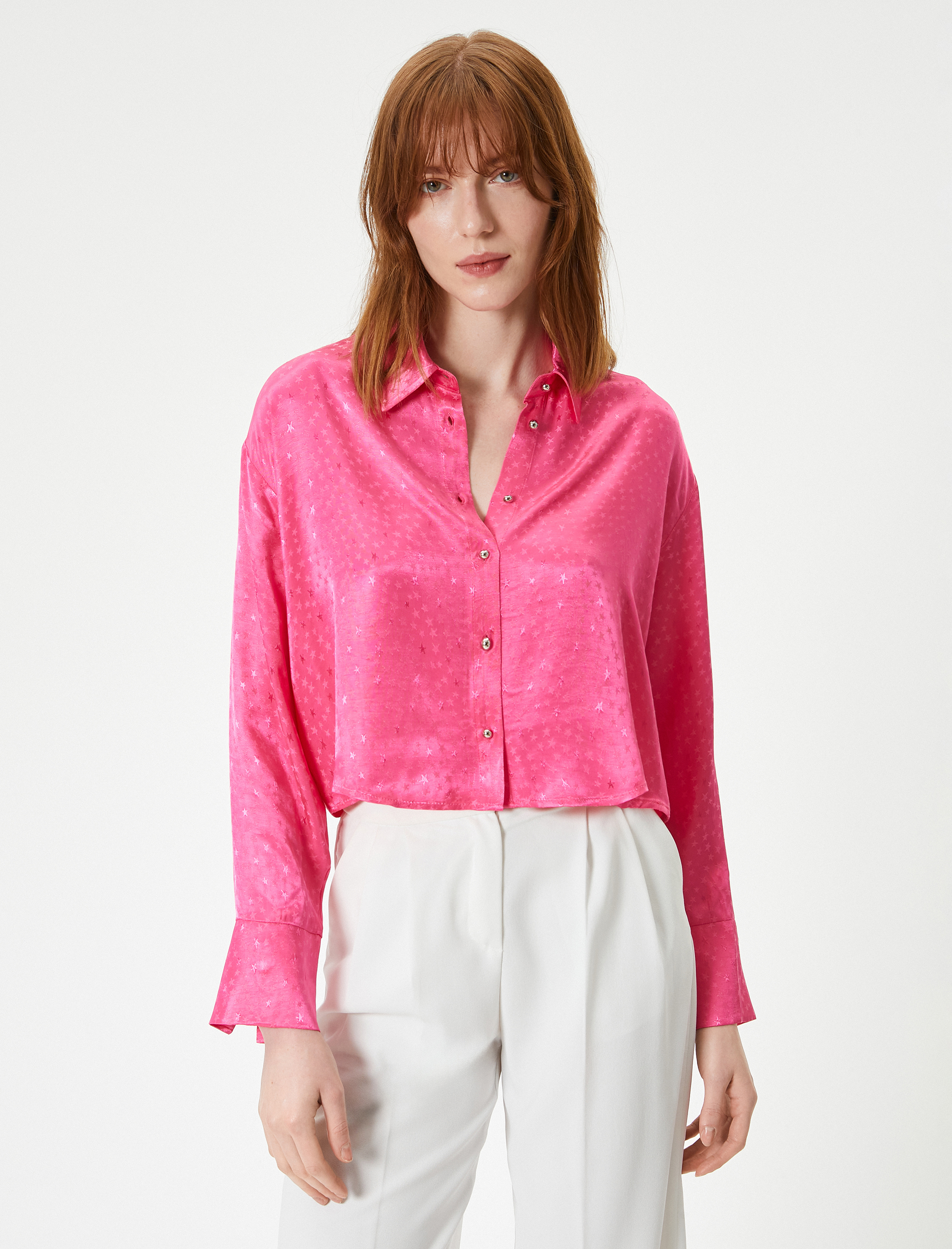   Crop Saten Gömlek Uzun Kollu Yıldızlı Düğmeli