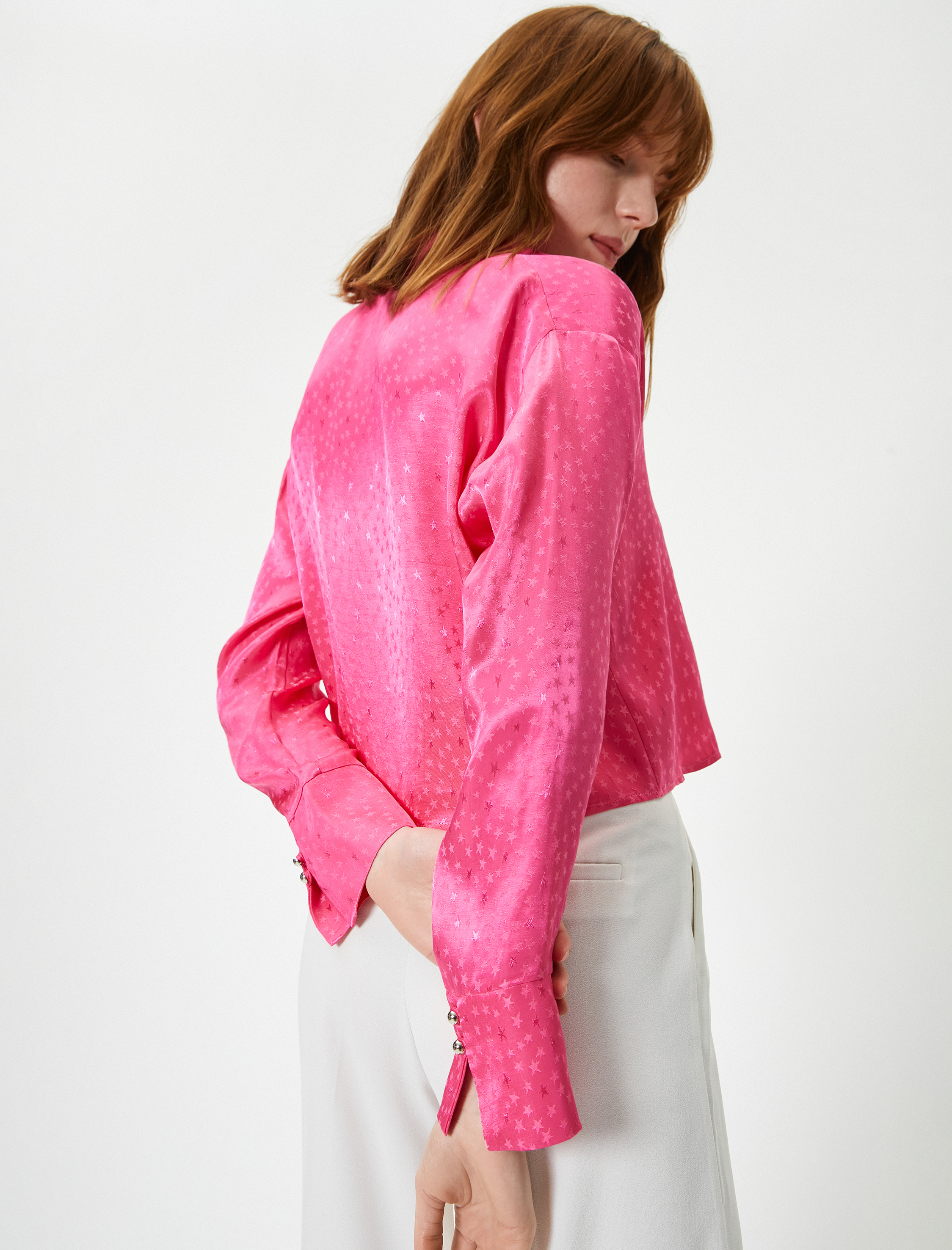   Crop Saten Gömlek Uzun Kollu Yıldızlı Düğmeli