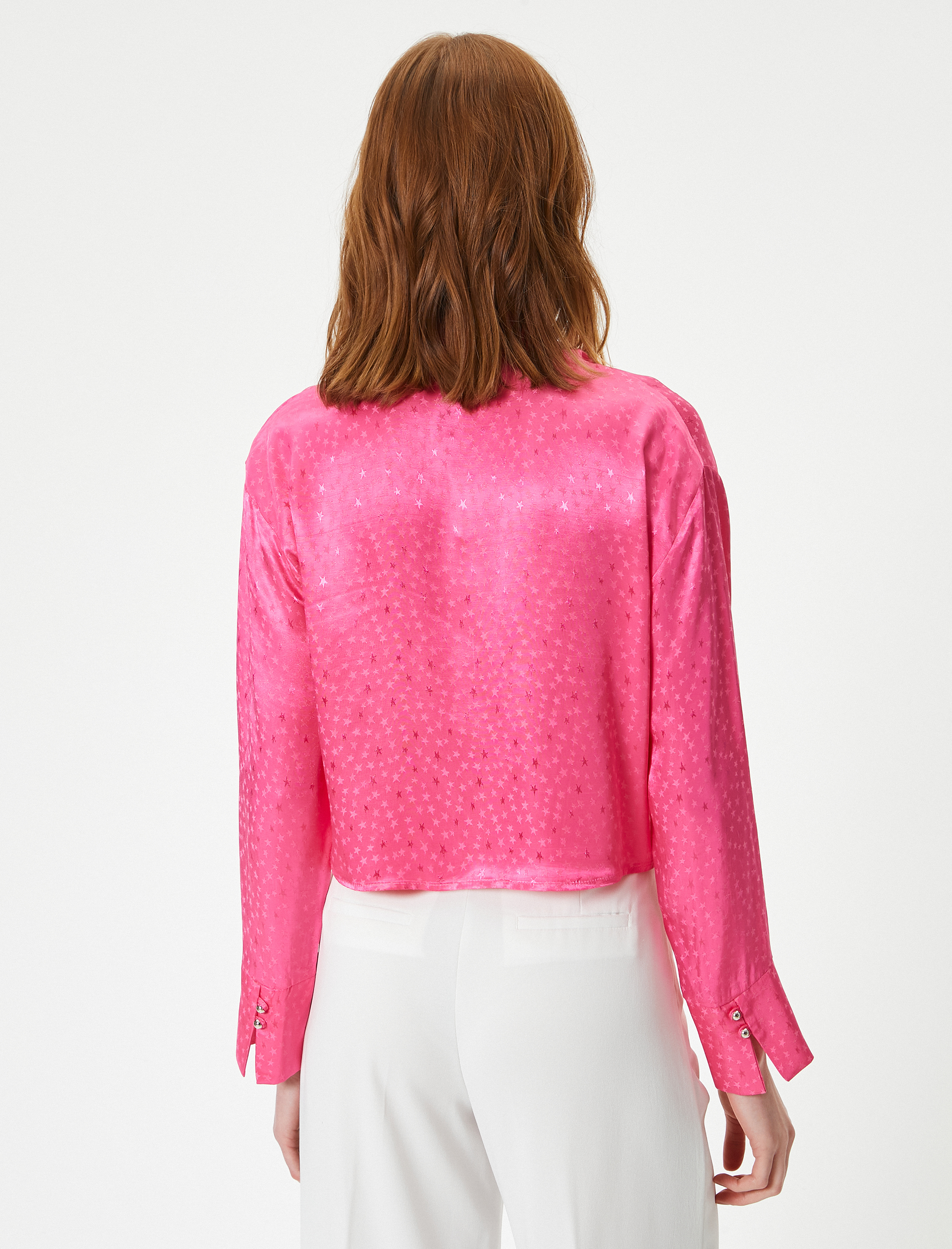   Crop Saten Gömlek Uzun Kollu Yıldızlı Düğmeli