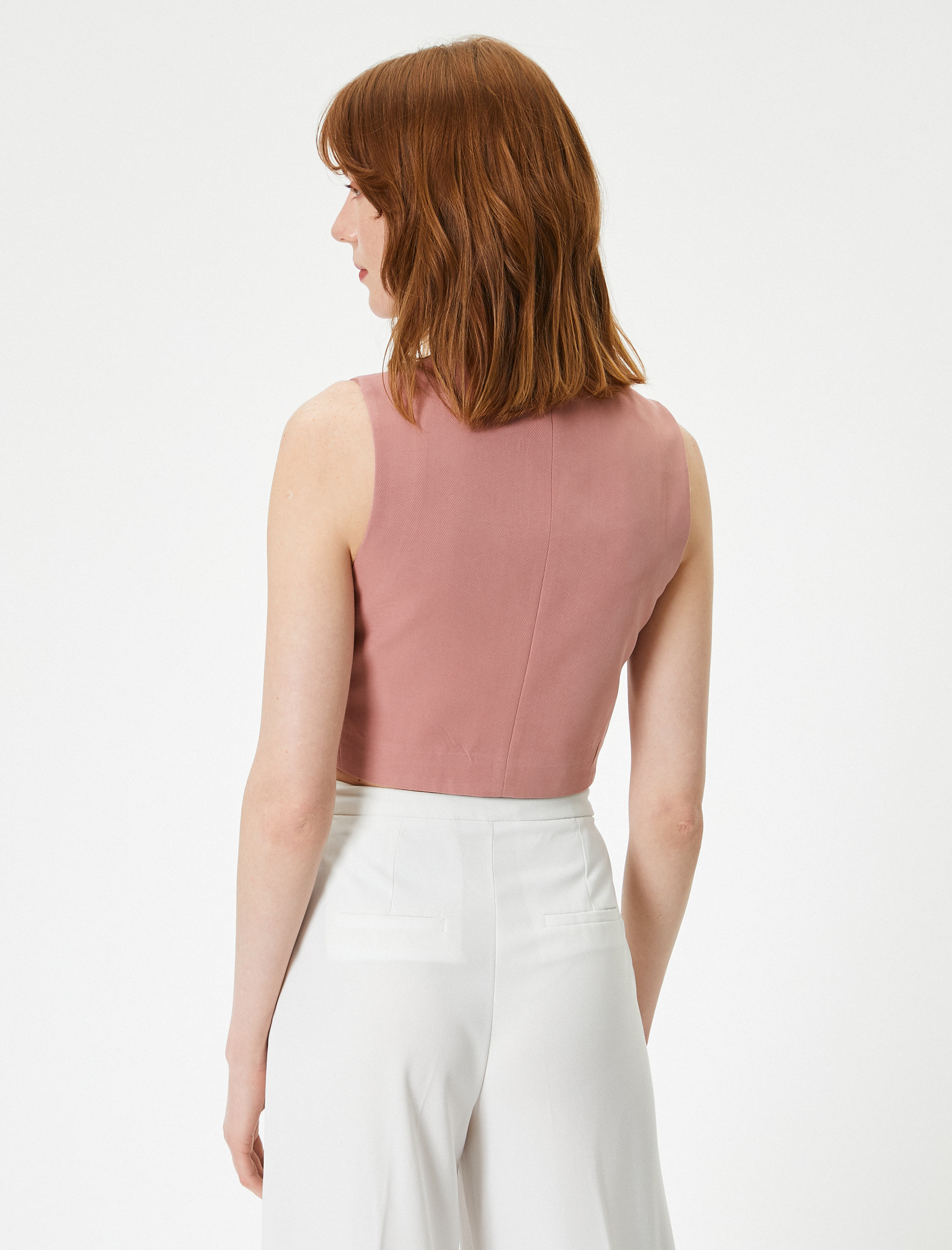   Crop Yelek V Yaka Düğmeli Fleto Cepli Modal Karışımlı