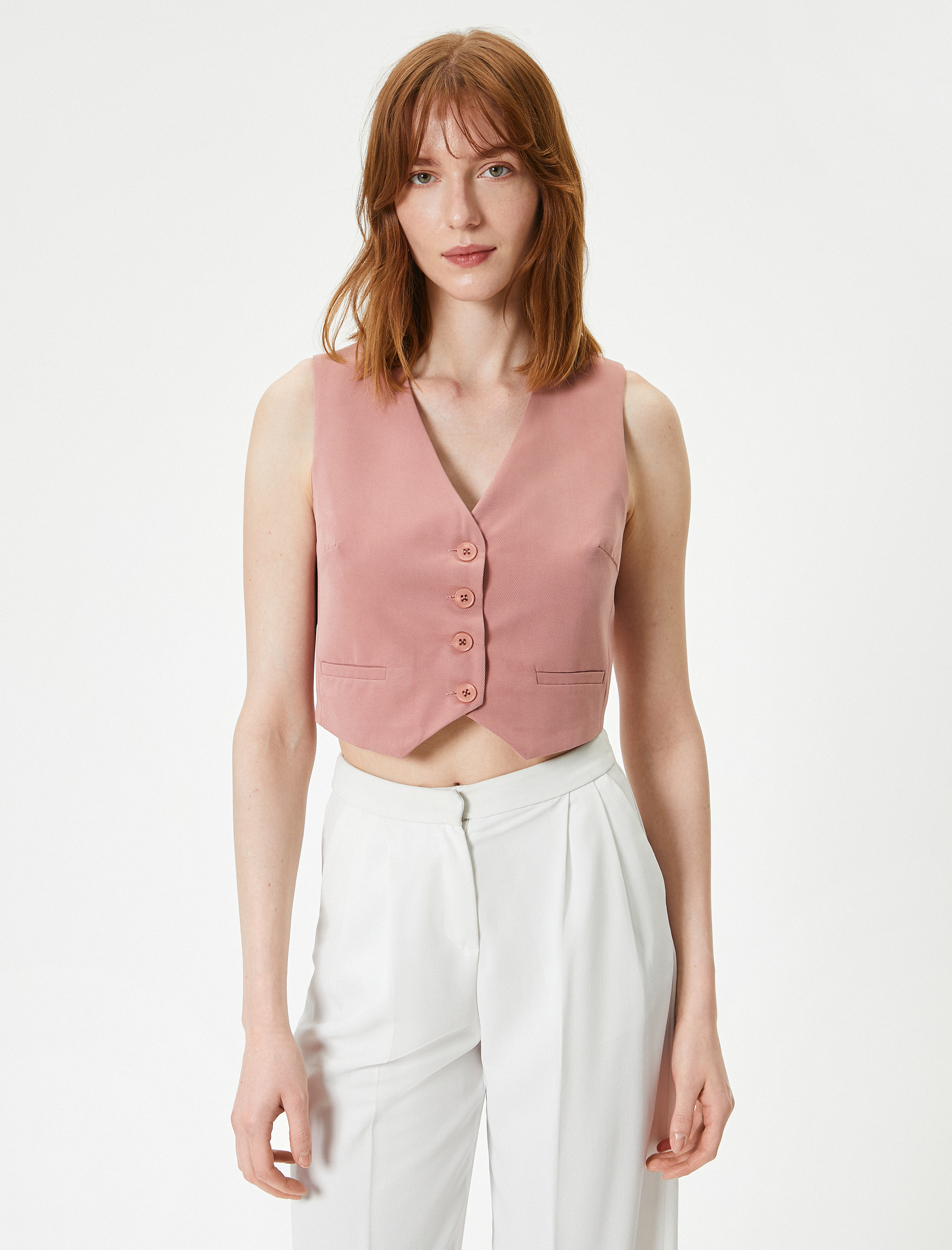   Crop Yelek V Yaka Düğmeli Fleto Cepli Modal Karışımlı