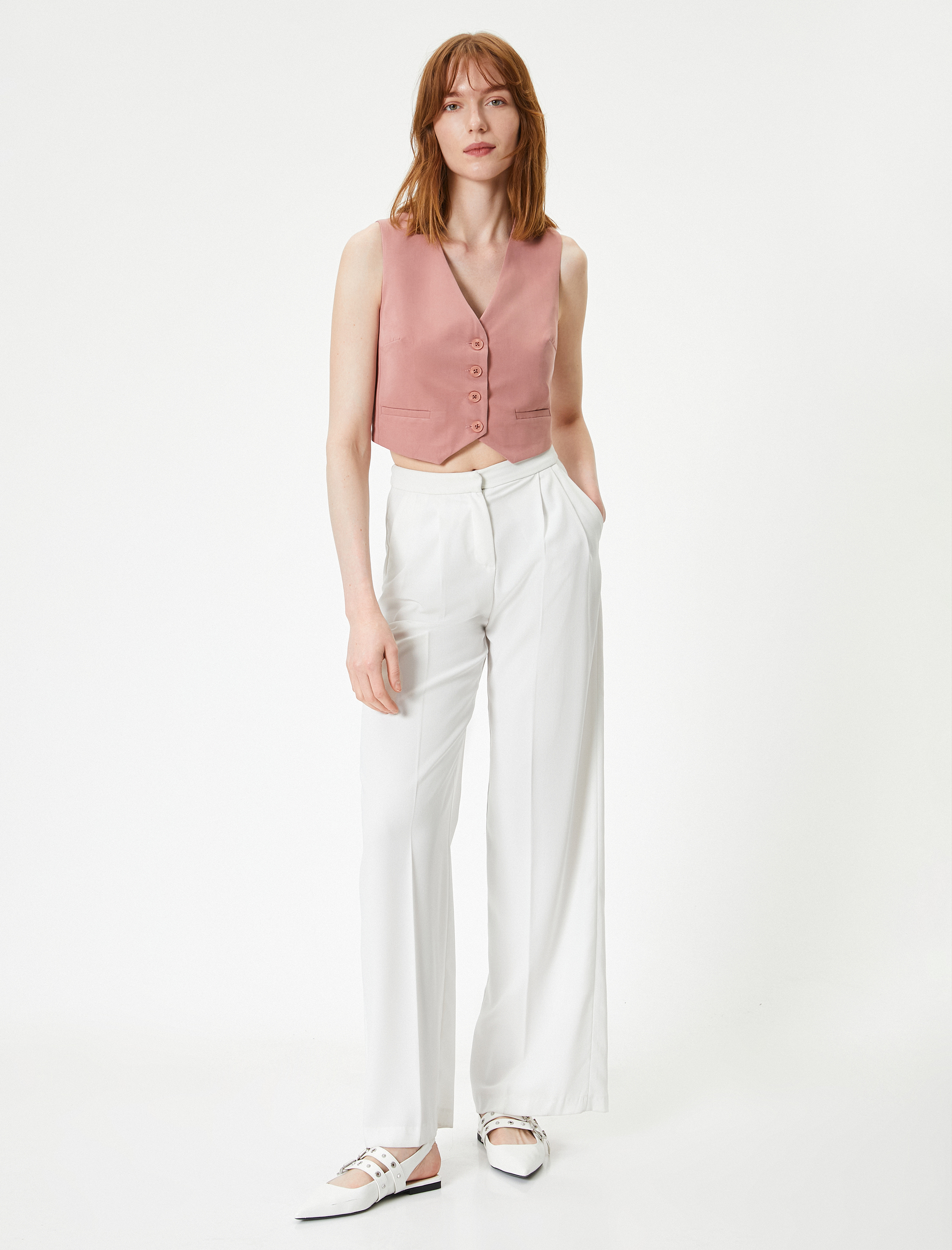   Crop Yelek V Yaka Düğmeli Fleto Cepli Modal Karışımlı