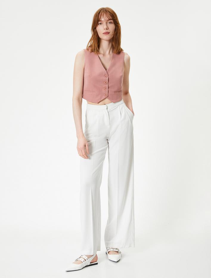  Crop Yelek V Yaka Düğmeli Fleto Cepli Modal Karışımlı