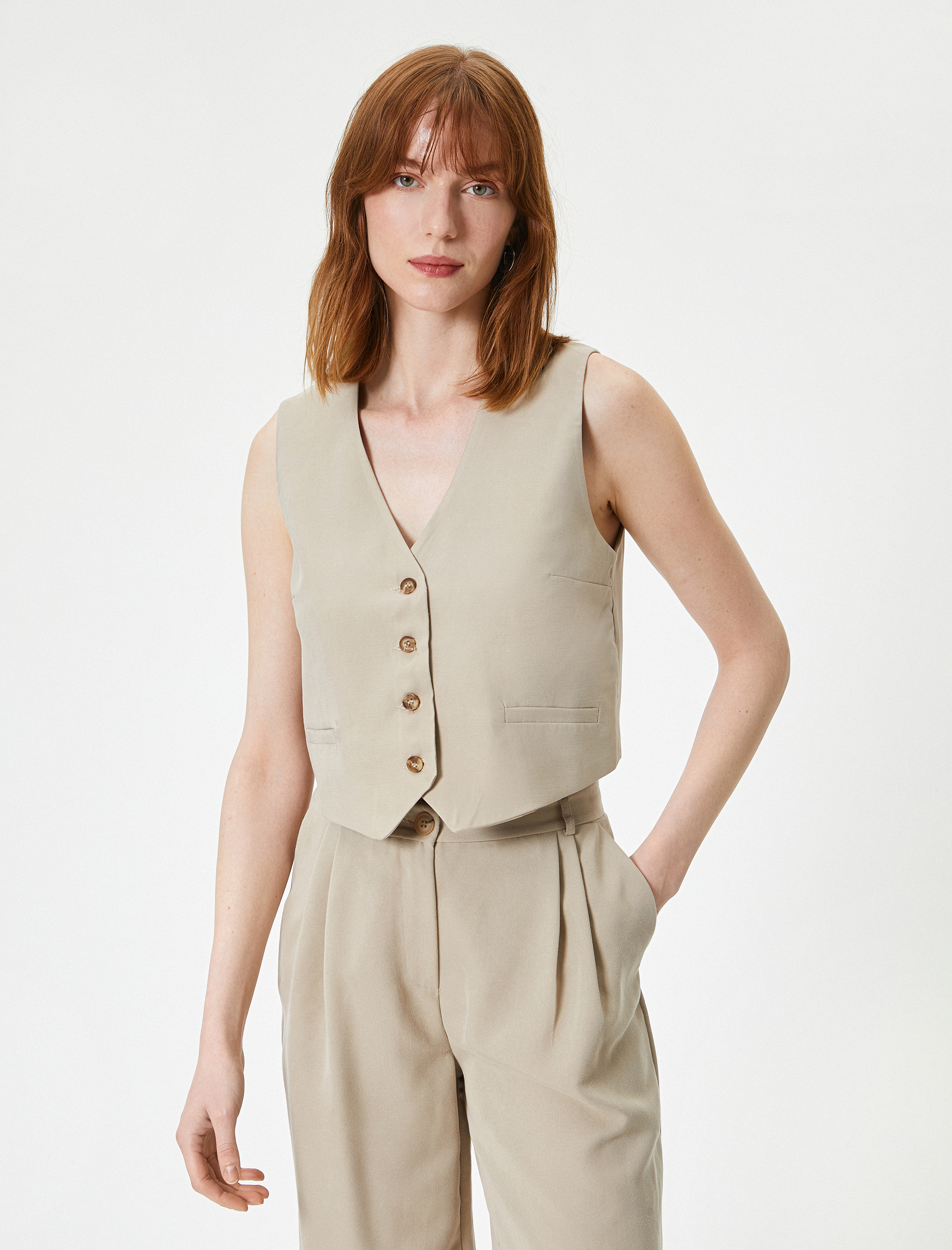   Blazer Yelek V Yaka Düğmeli Fleto Cepli