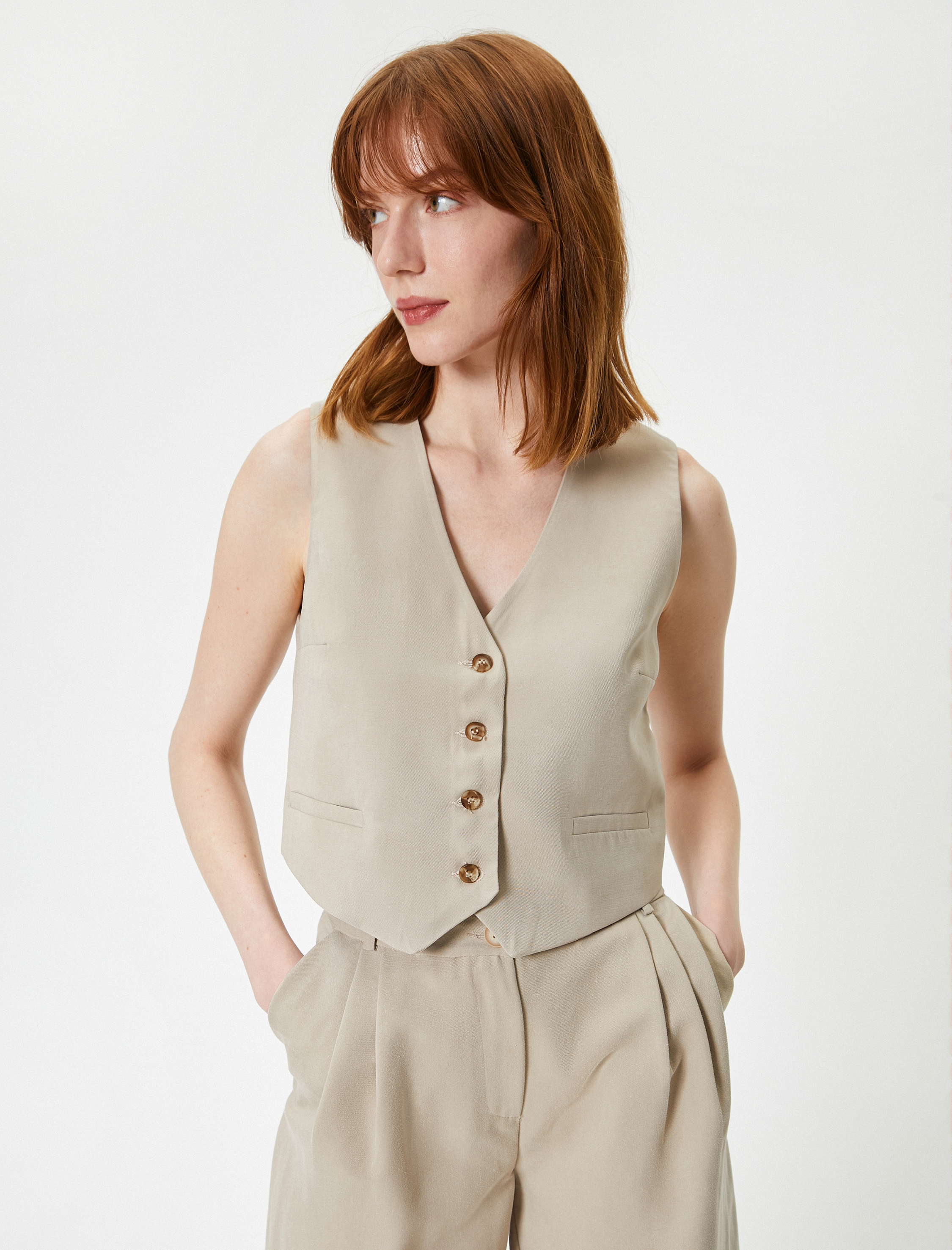   Blazer Yelek V Yaka Düğmeli Fleto Cepli