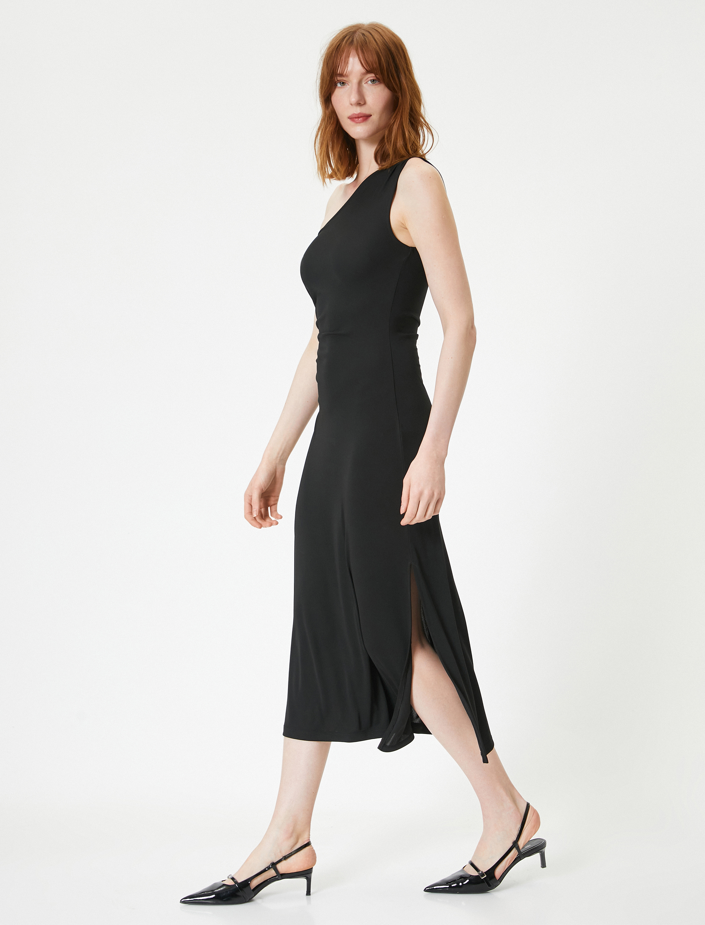 Tek Omuz Midi Elbise Pencere Detaylı Boncuklu