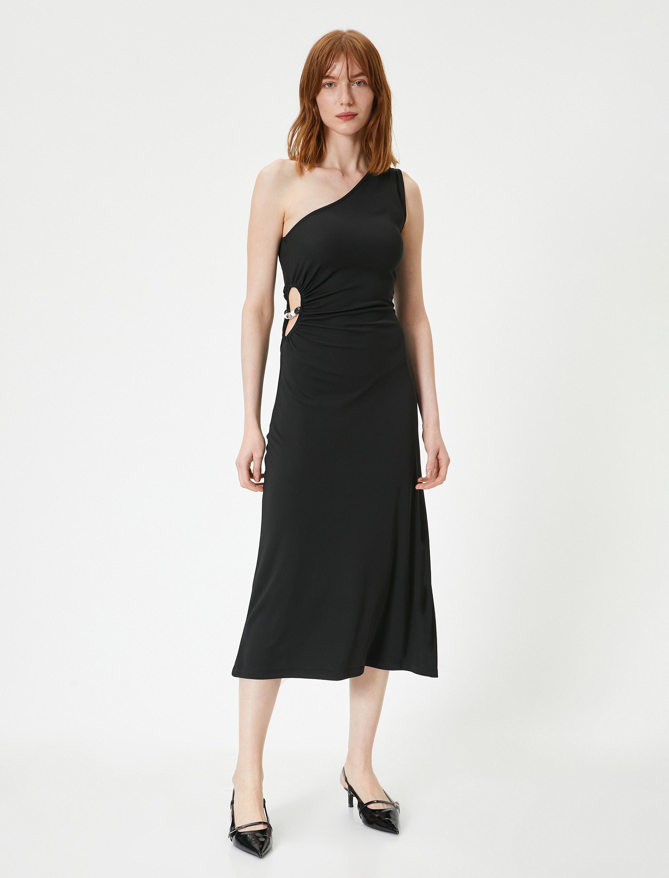 Tek Omuz Midi Elbise Pencere Detaylı Boncuklu