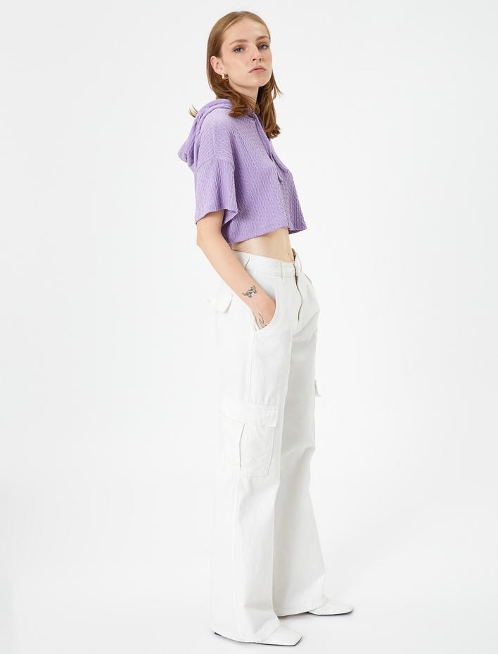  Kapüşonlu Kısa Kollu Crop Sweatshirt