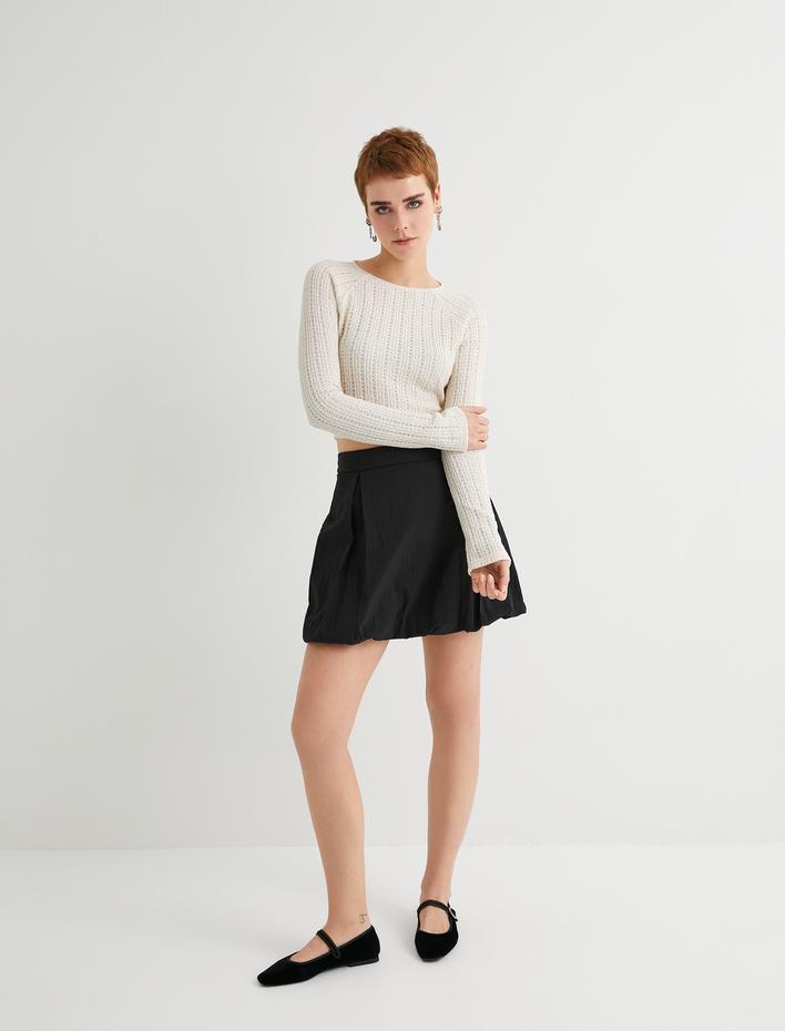  Ajurlu Crop Tişört Uzun Kollu Bisiklet Yaka Arkası Bağlama Detaylı