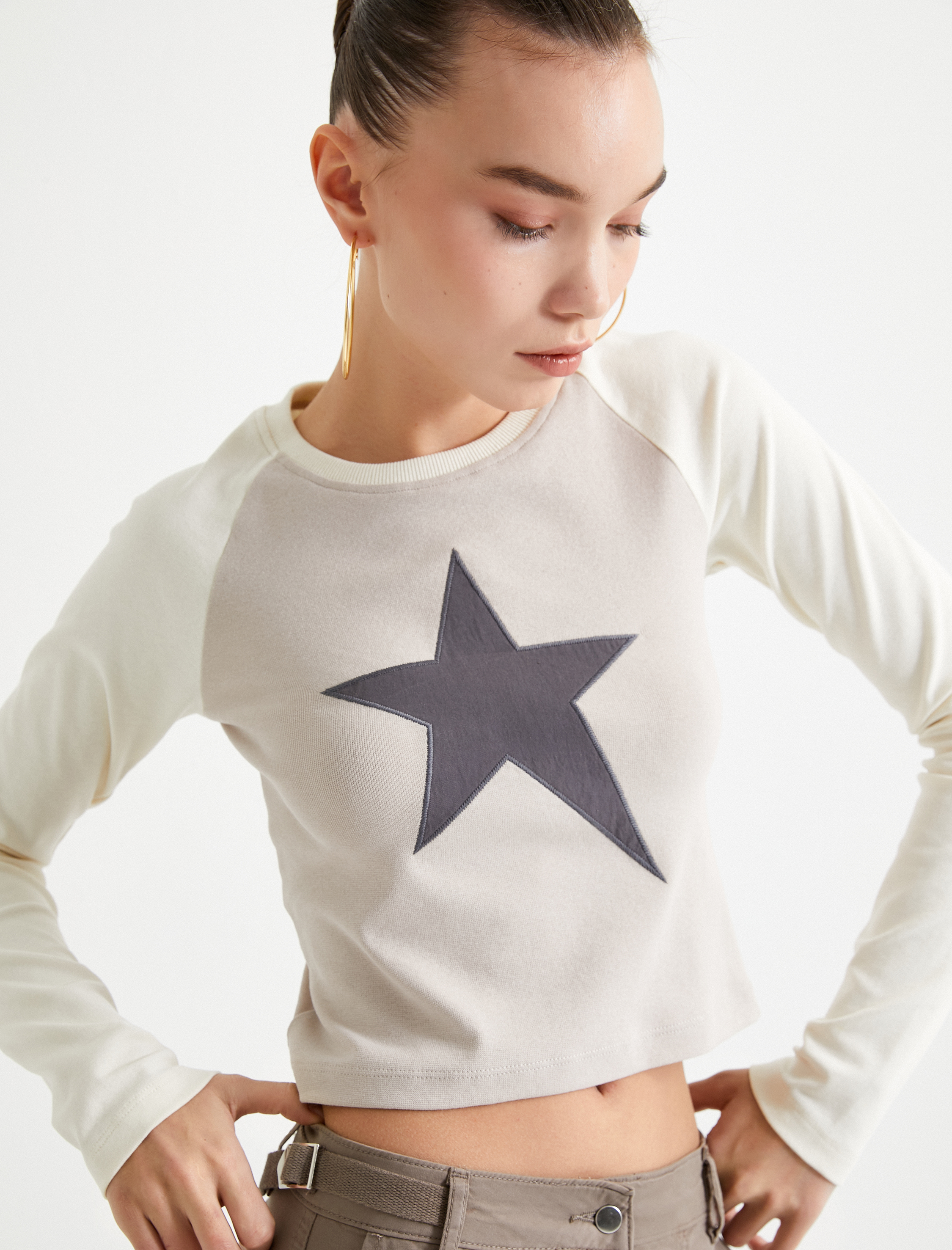   Uzun Kollu Tişört Yıldız Baskılı Bisiklet Yaka Pamuklu