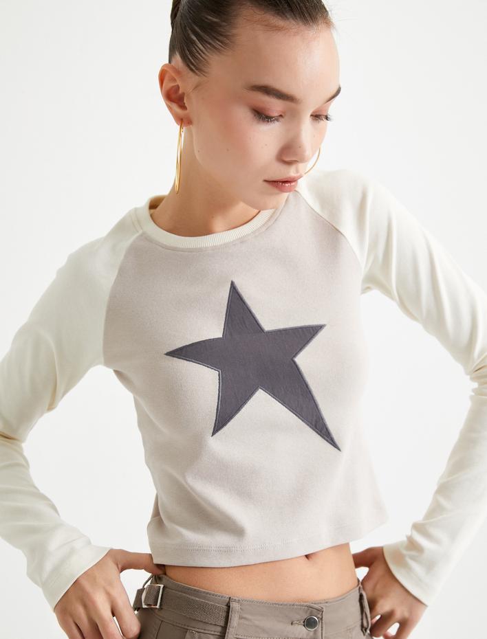  Uzun Kollu Tişört Yıldız Baskılı Bisiklet Yaka Pamuklu