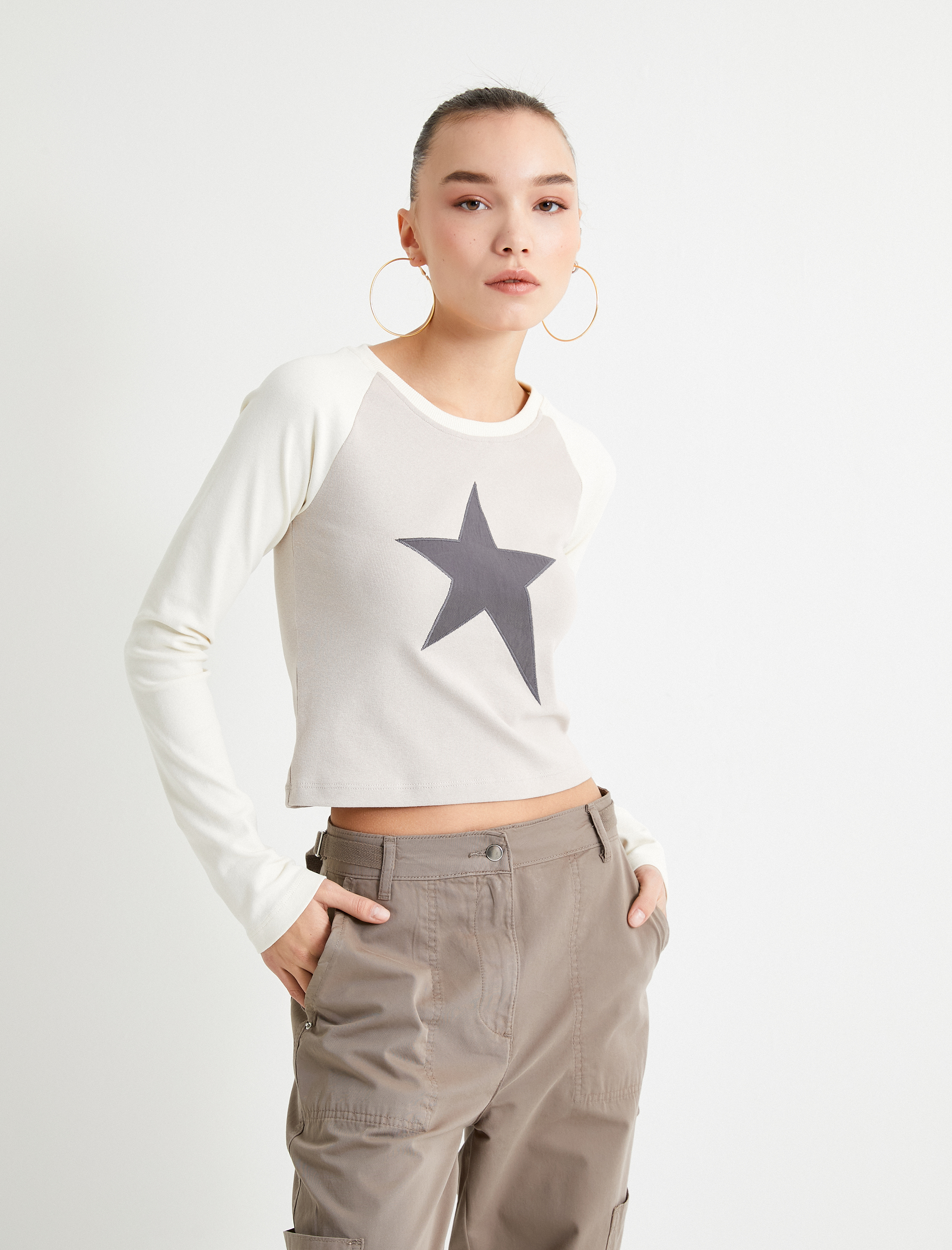   Uzun Kollu Tişört Yıldız Baskılı Bisiklet Yaka Pamuklu