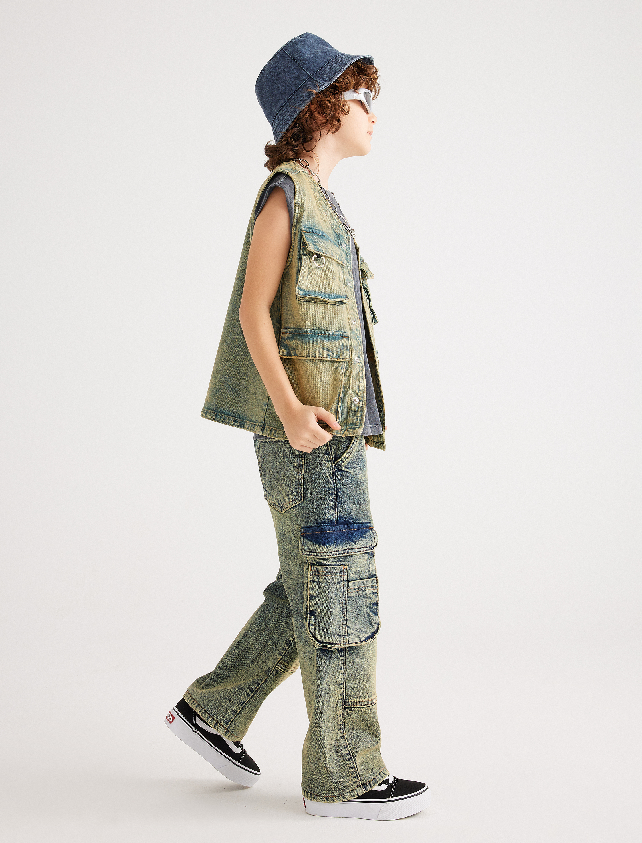  Erkek Çocuk Oversize Kot Yelek Kapaklı Cepli