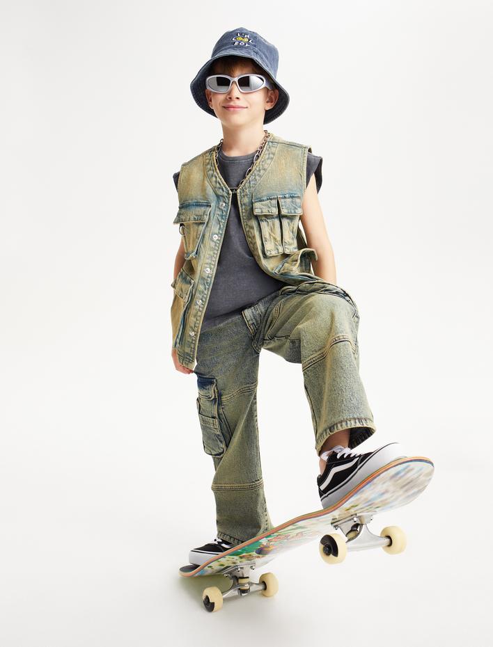 Erkek Çocuk Oversize Kot Yelek Kapaklı Cepli