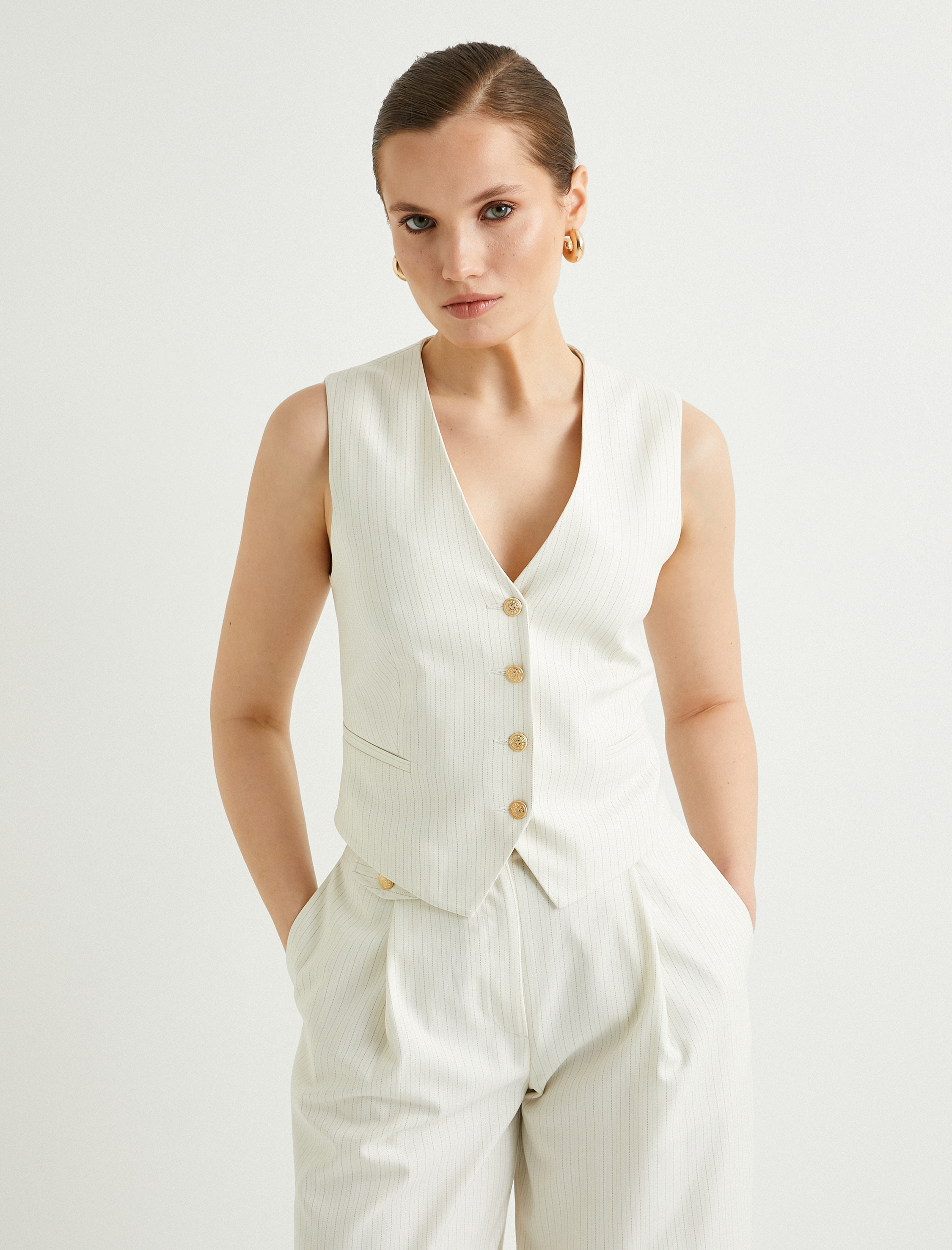   Kruvaze Yelek Düğmeli Fleto Cepli V Yaka