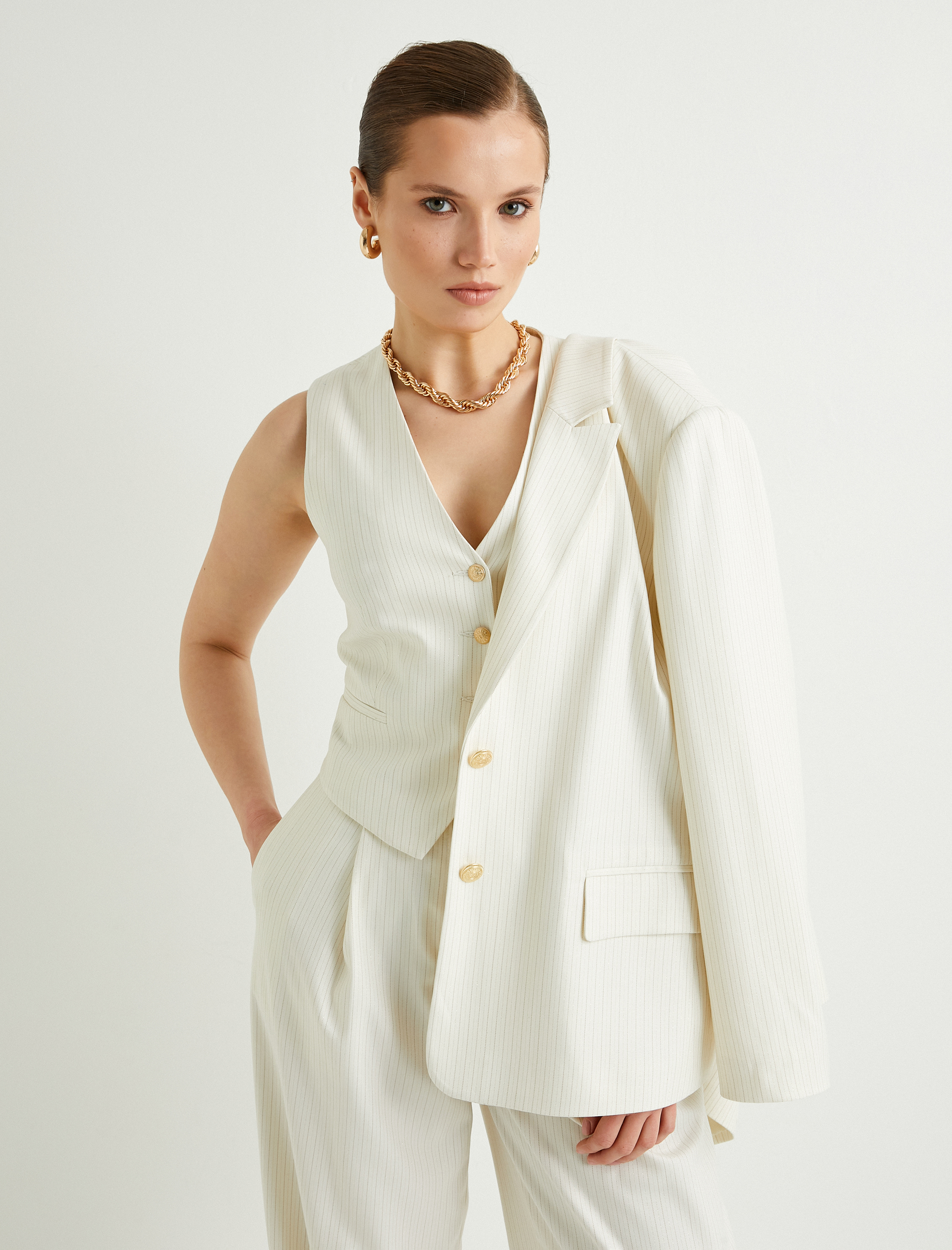   Kruvaze Yelek Düğmeli Fleto Cepli V Yaka