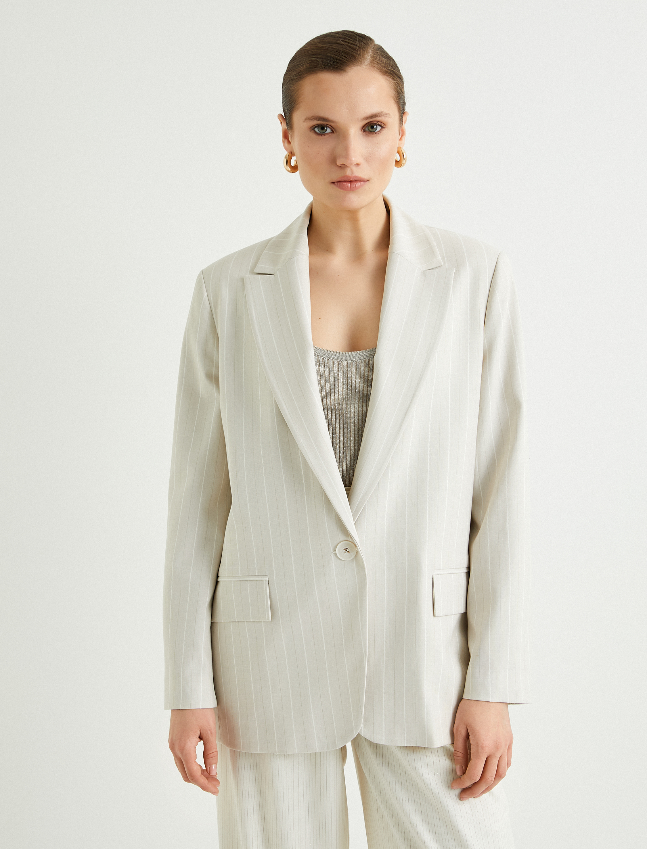   Oversize Blazer Ceket Tek Düğmeli Kapaklı Cepli