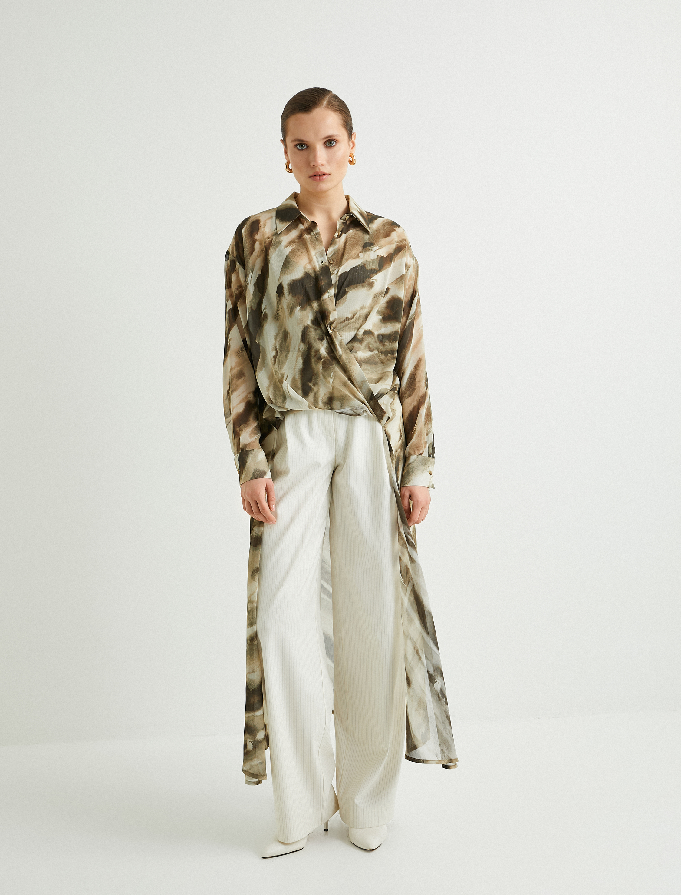   Şifon Gömlek Asimetrik Kesim Düğmeli Klasik Yaka