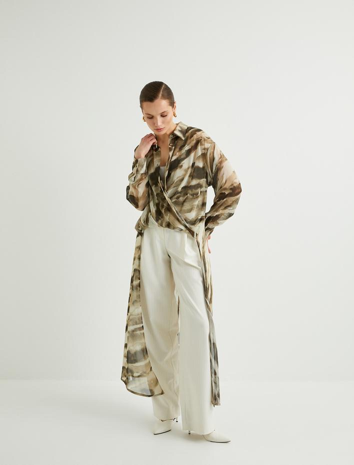  Şifon Gömlek Asimetrik Kesim Düğmeli Klasik Yaka